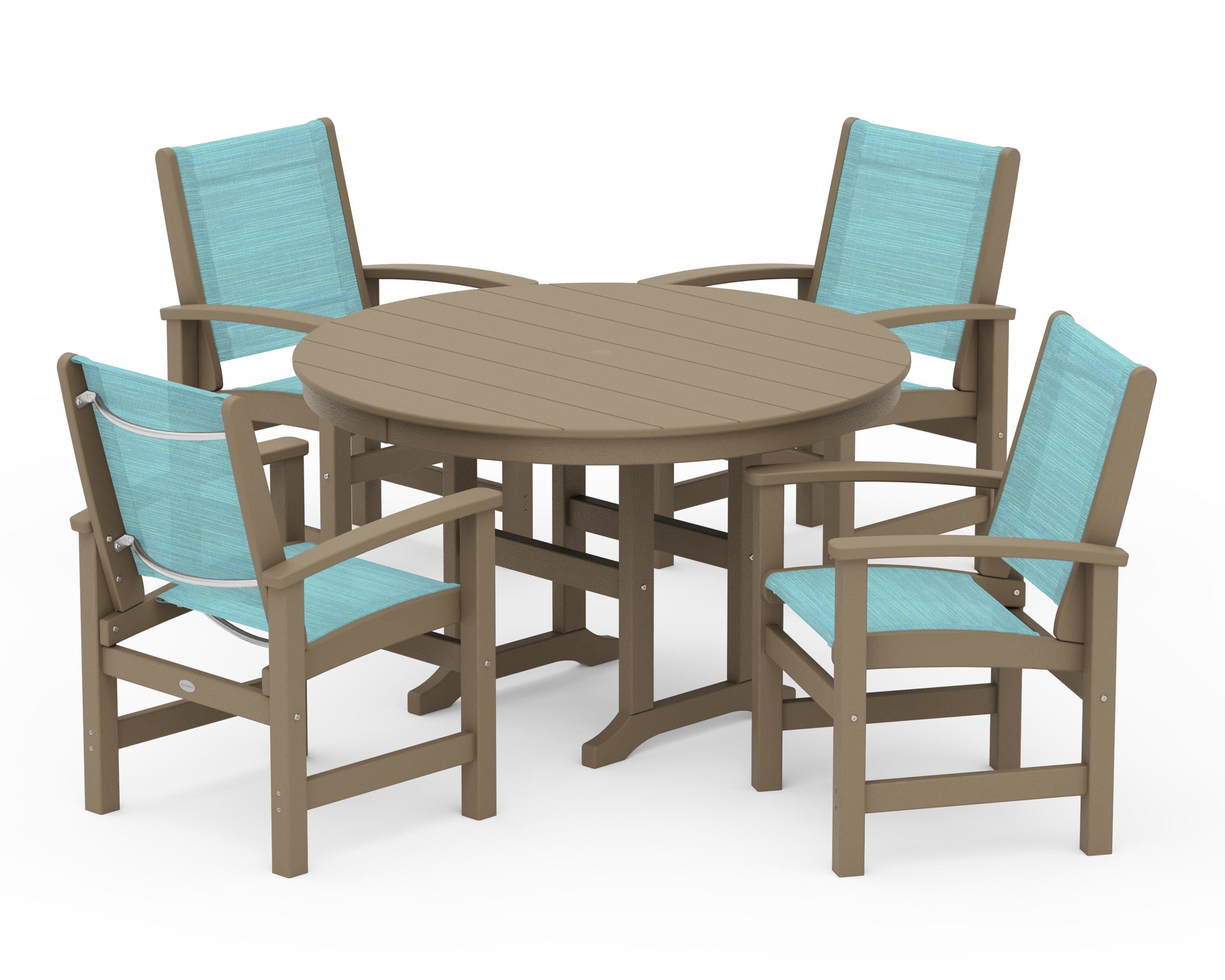 POLYWOOD Coastal 5-Piece Round Farmhouse Dining Set in Vintage Sahara / Dupioni Aquamarine Sling