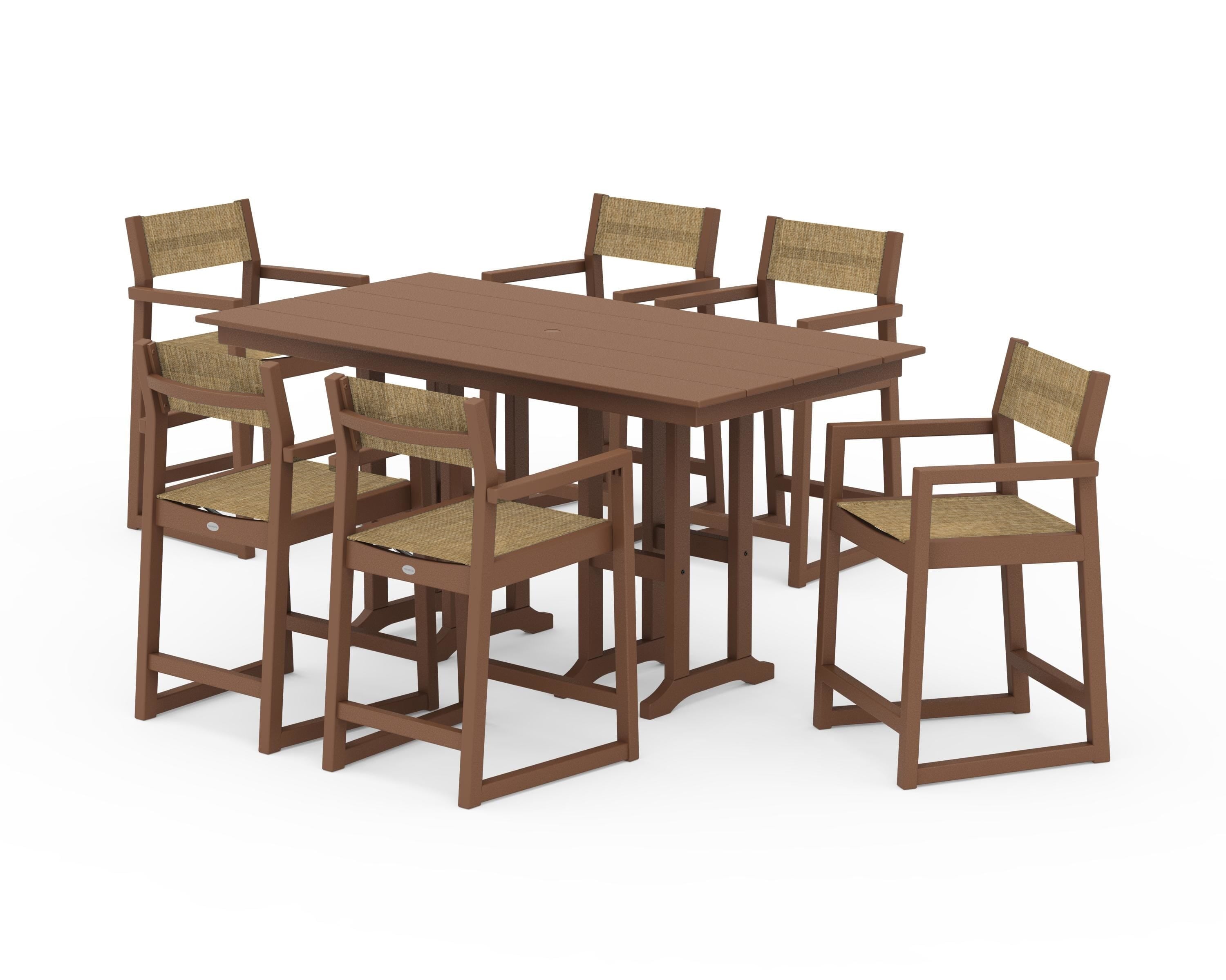 POLYWOOD EDGE Sling Arm Chair 7-Piece Farmhouse Counter Set in Teak / Burlap Sling