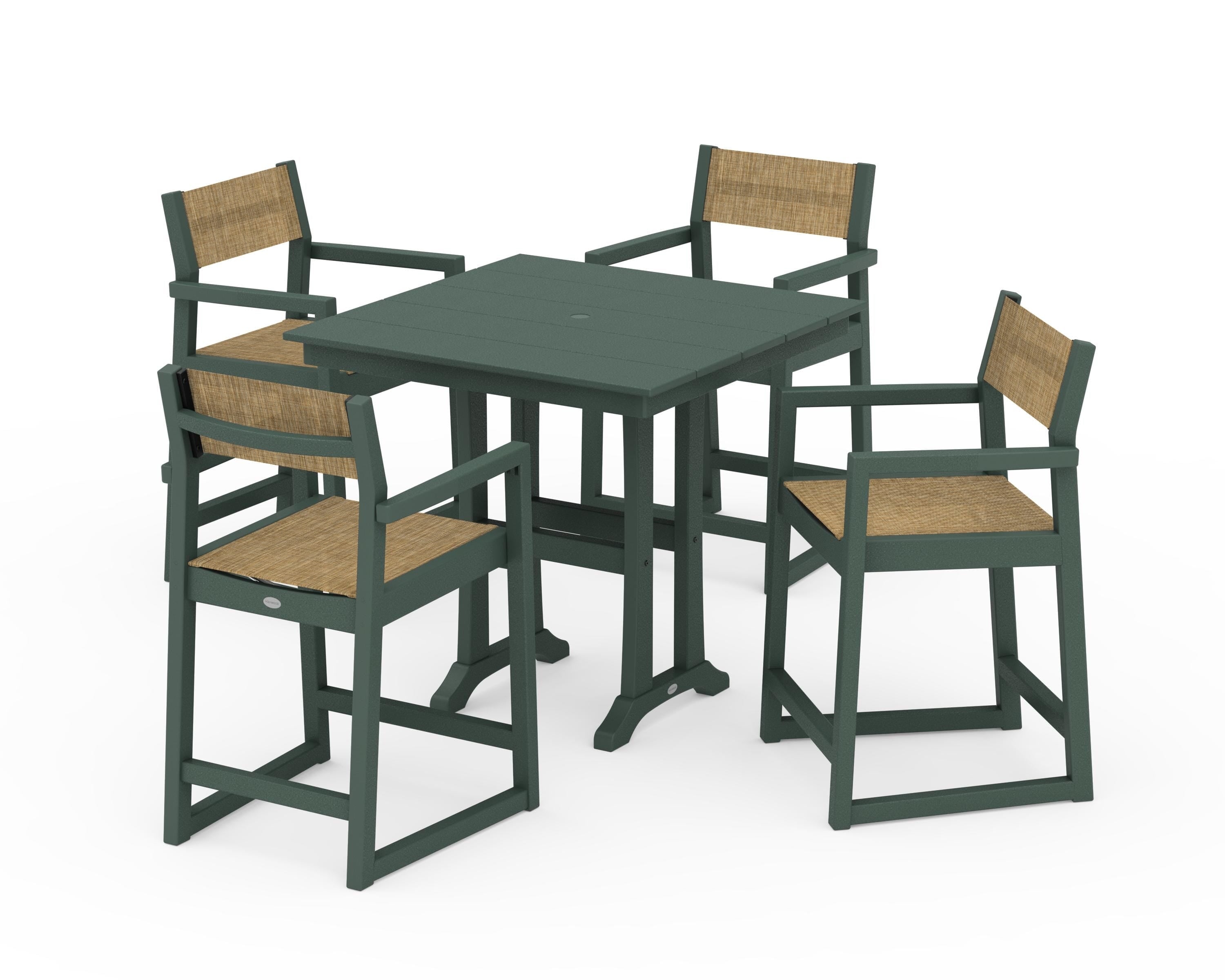 POLYWOOD EDGE Sling Arm Chair 5-Piece Farmhouse Counter Set with Trestle Legs in Green / Burlap Sling