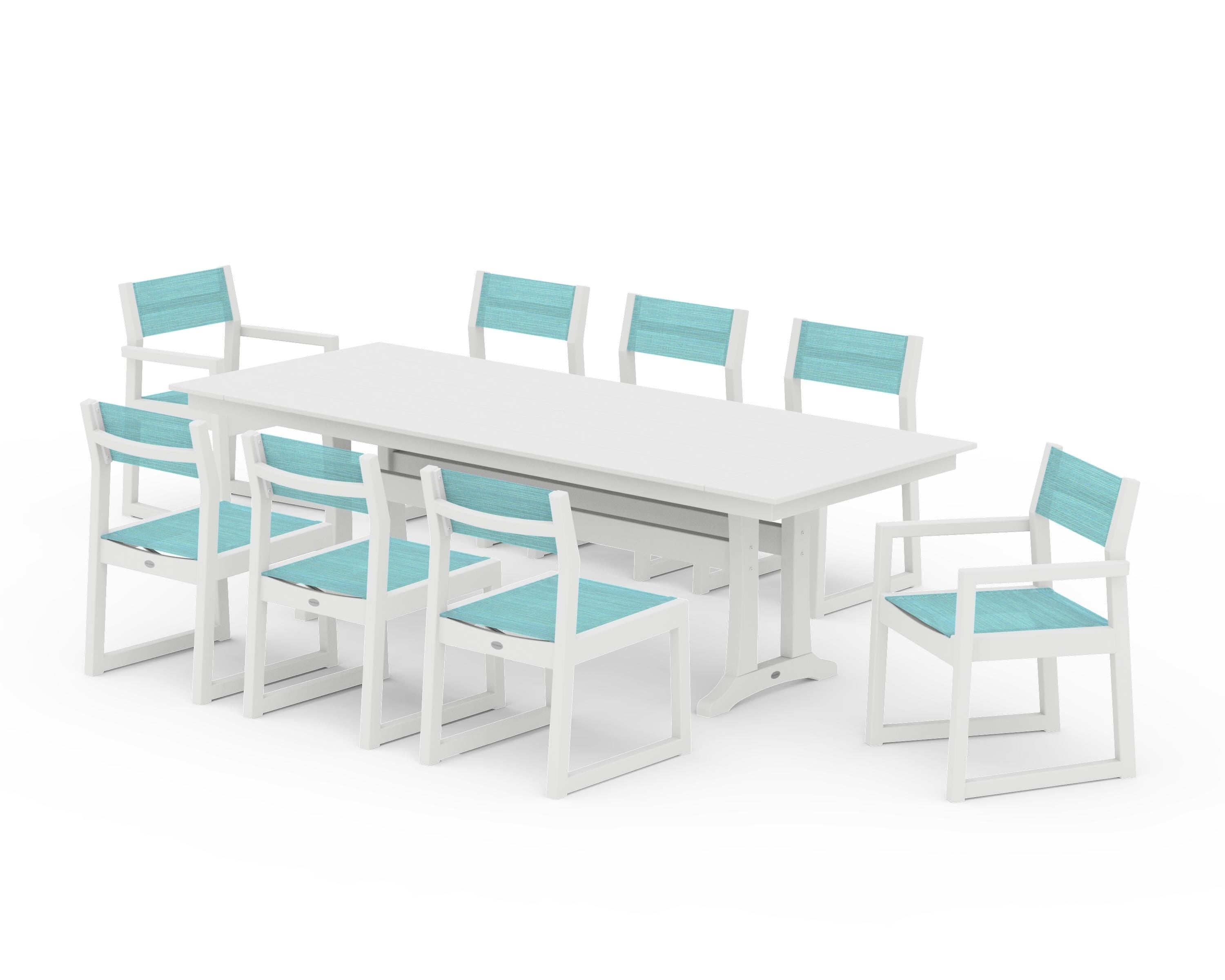 POLYWOOD EDGE Sling 9-Piece Farmhouse Trestle Dining Set in White / Dupioni Aquamarine Sling