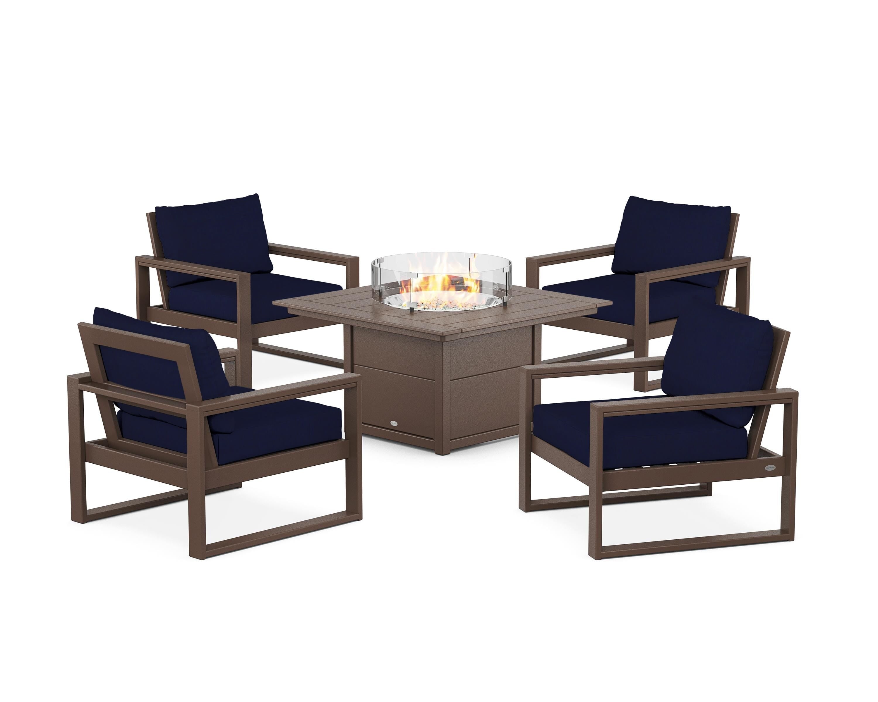 POLYWOOD EDGE Sectional 5-Piece Deep Seating Set with Fire Pit Table in Mahogany / Navy