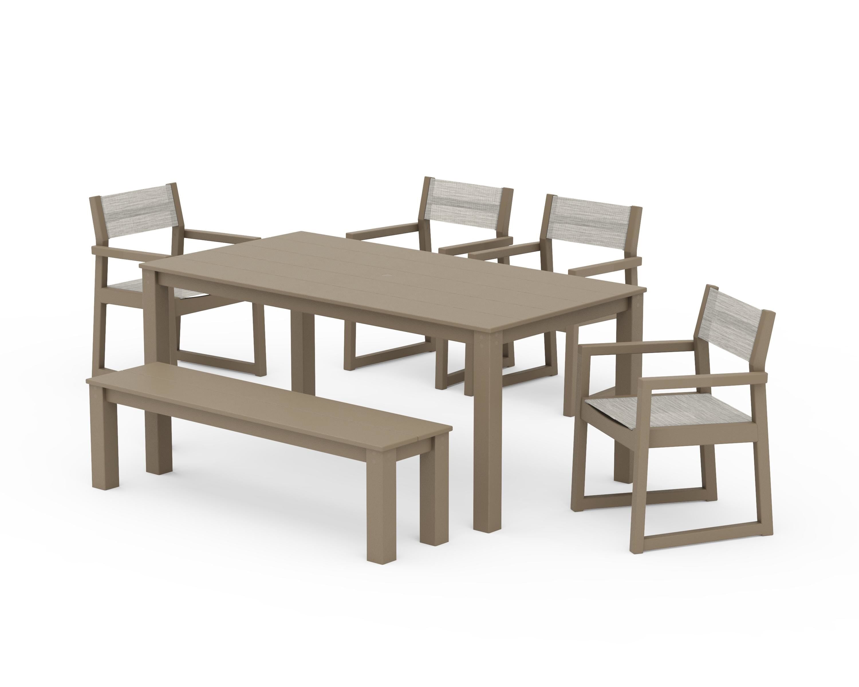 POLYWOOD EDGE Sling Arm Chair 6-Piece Parsons Dining Set with Bench in Vintage Sahara / Birch Sling