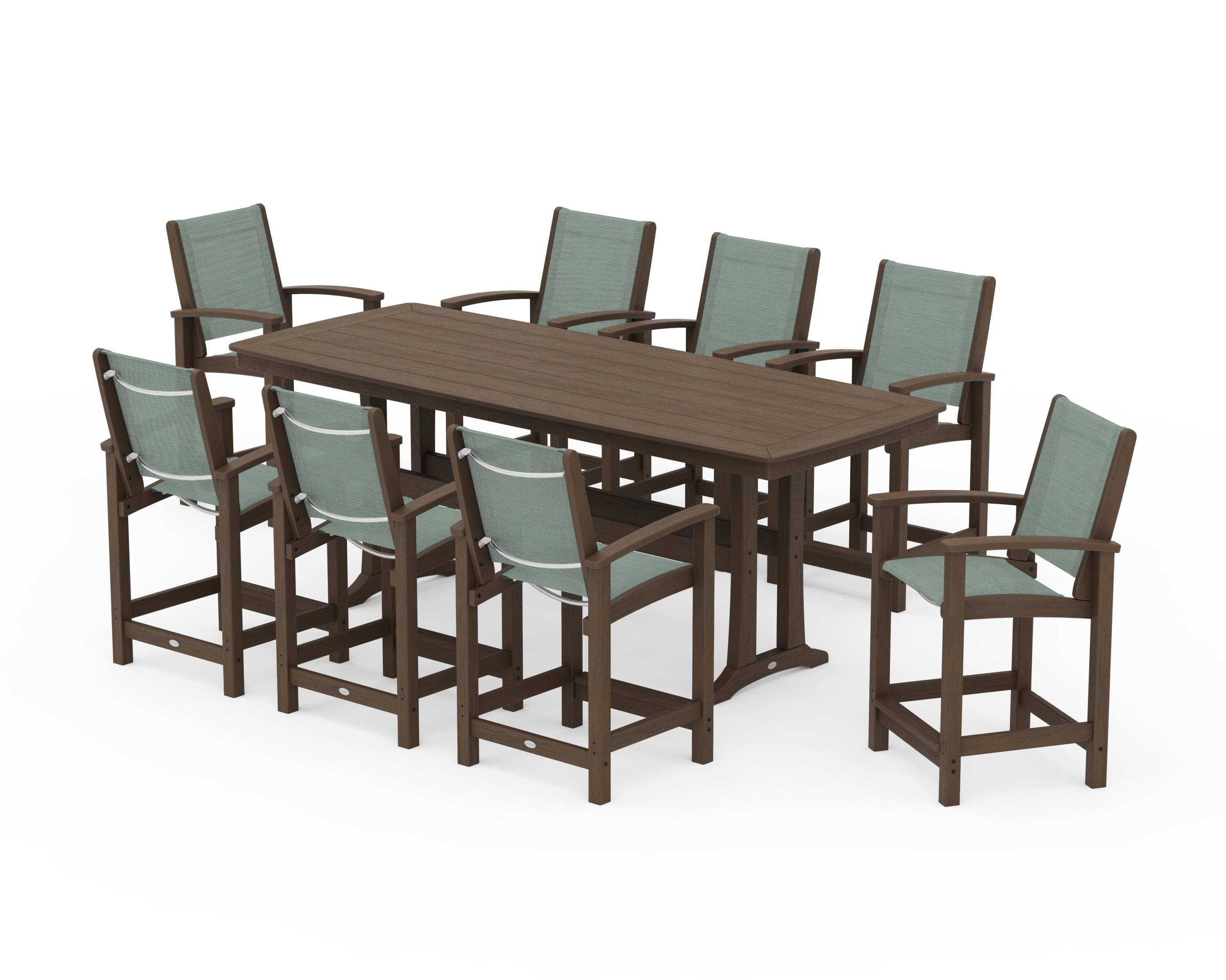 POLYWOOD Coastal 9-Piece Counter Set with Trestle Legs in Kona / Dupioni Sea Mist Sling