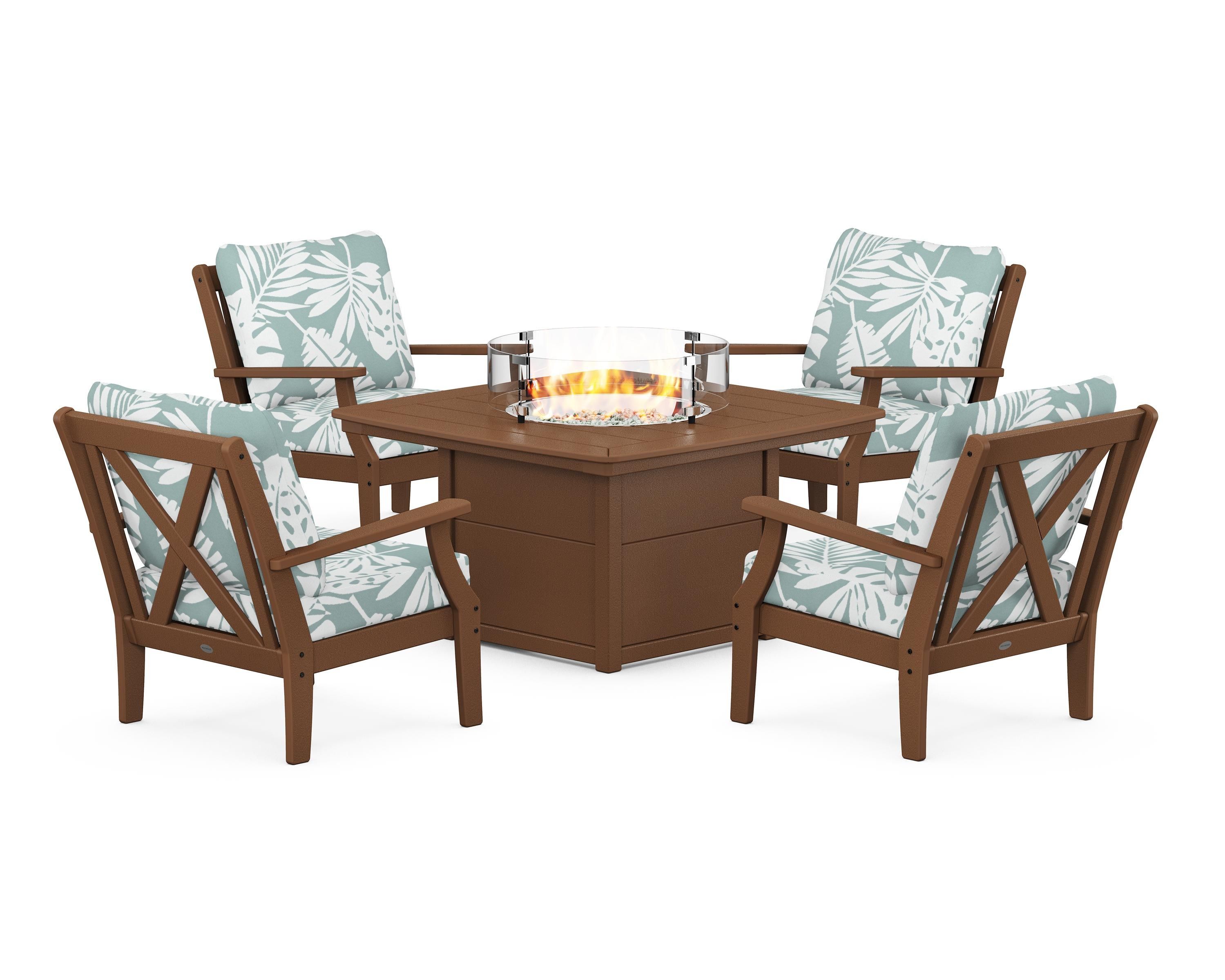 POLYWOOD Braxton 5-Piece Deep Seating Conversation Set with Fire Pit Table in Teak / Leaf Glacier Spa