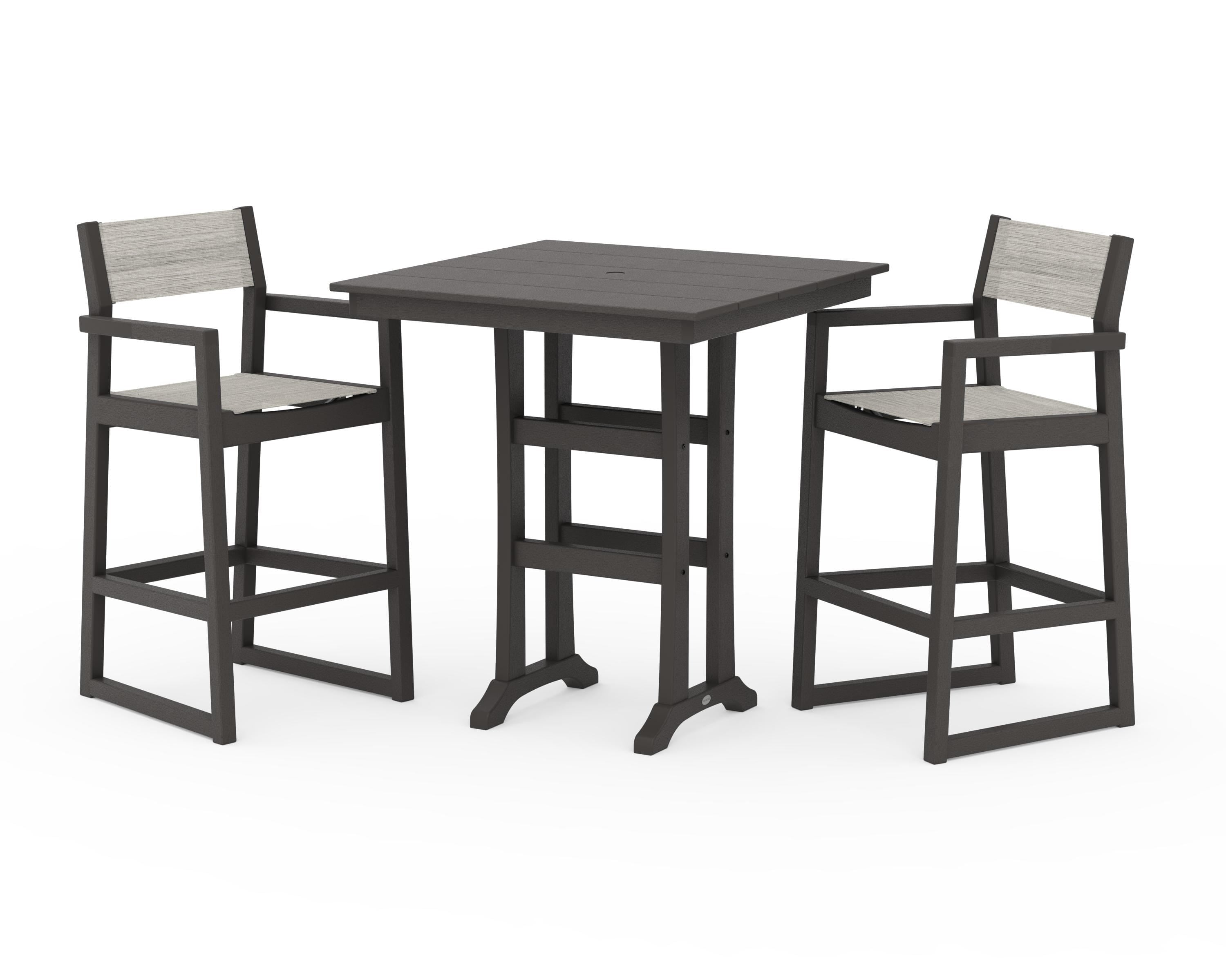 POLYWOOD EDGE Sling Arm Chair 3-Piece Farmhouse Bar Set with Trestle Legs in Vintage Coffee / Birch Sling