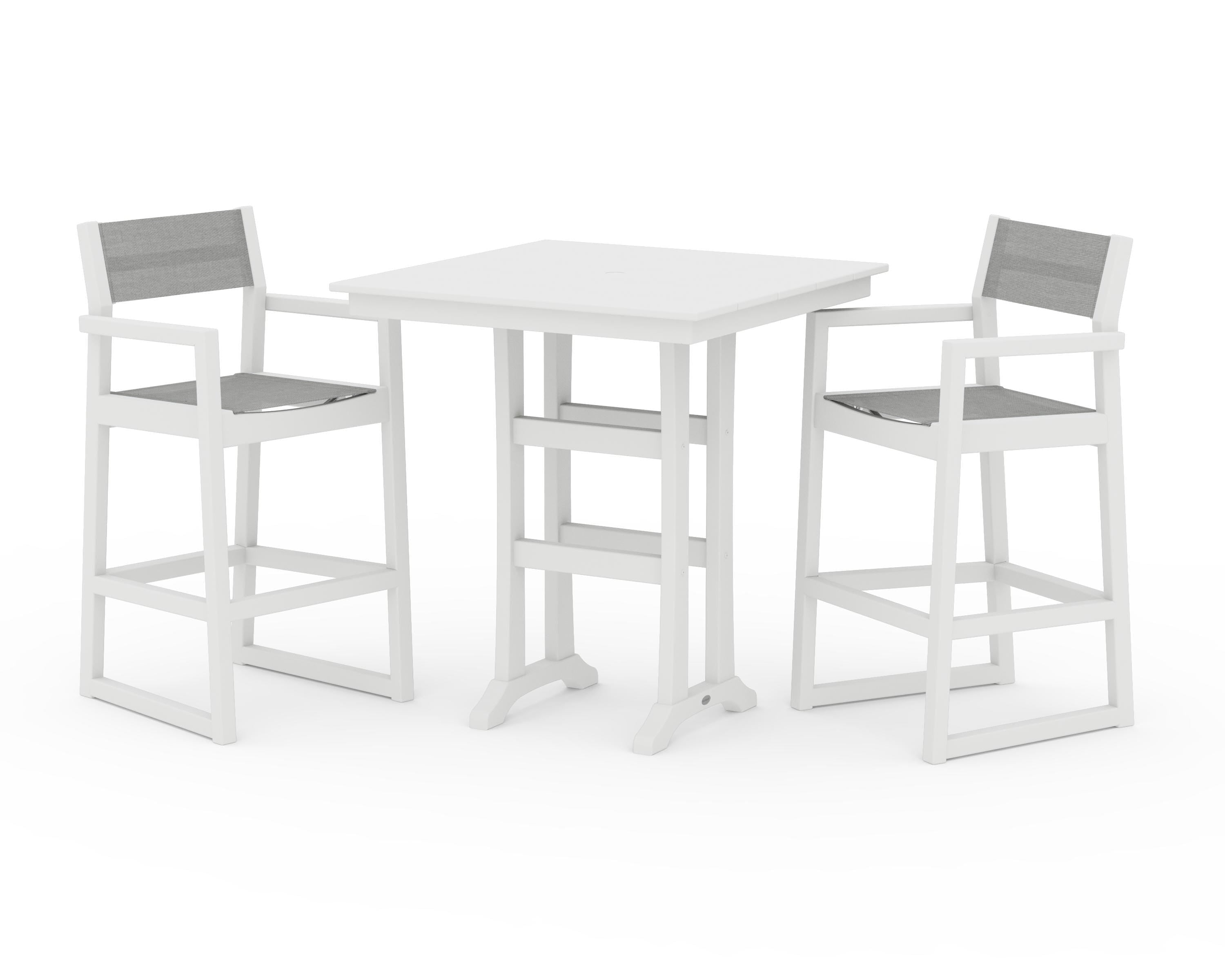 POLYWOOD EDGE Sling Arm Chair 3-Piece Farmhouse Bar Set with Trestle Legs in White / Metallic Sling