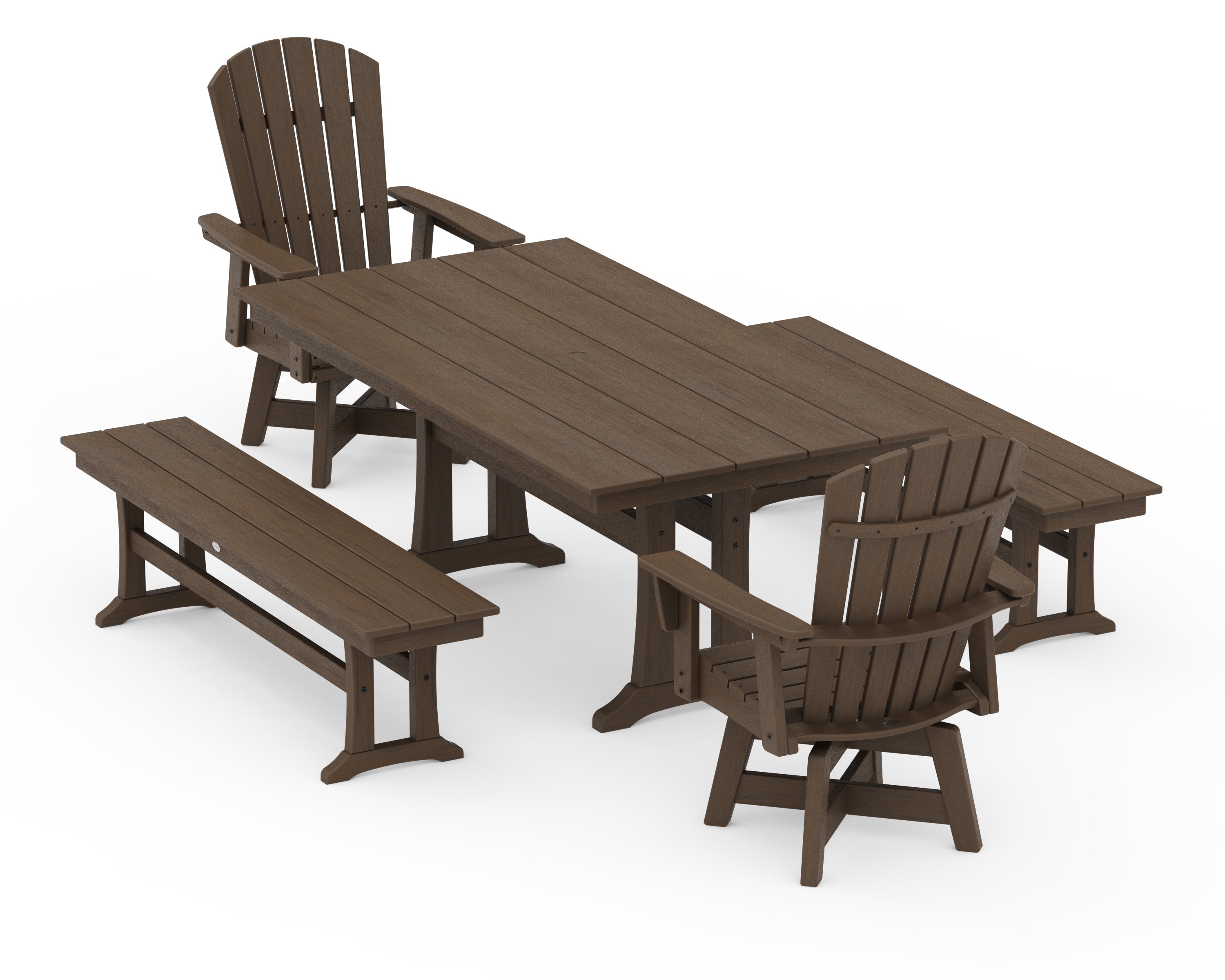 POLYWOOD Nautical Curveback Adirondack Swivel Chair 5-Piece Farmhouse Dining Set With Trestle Legs and Benches in Kona