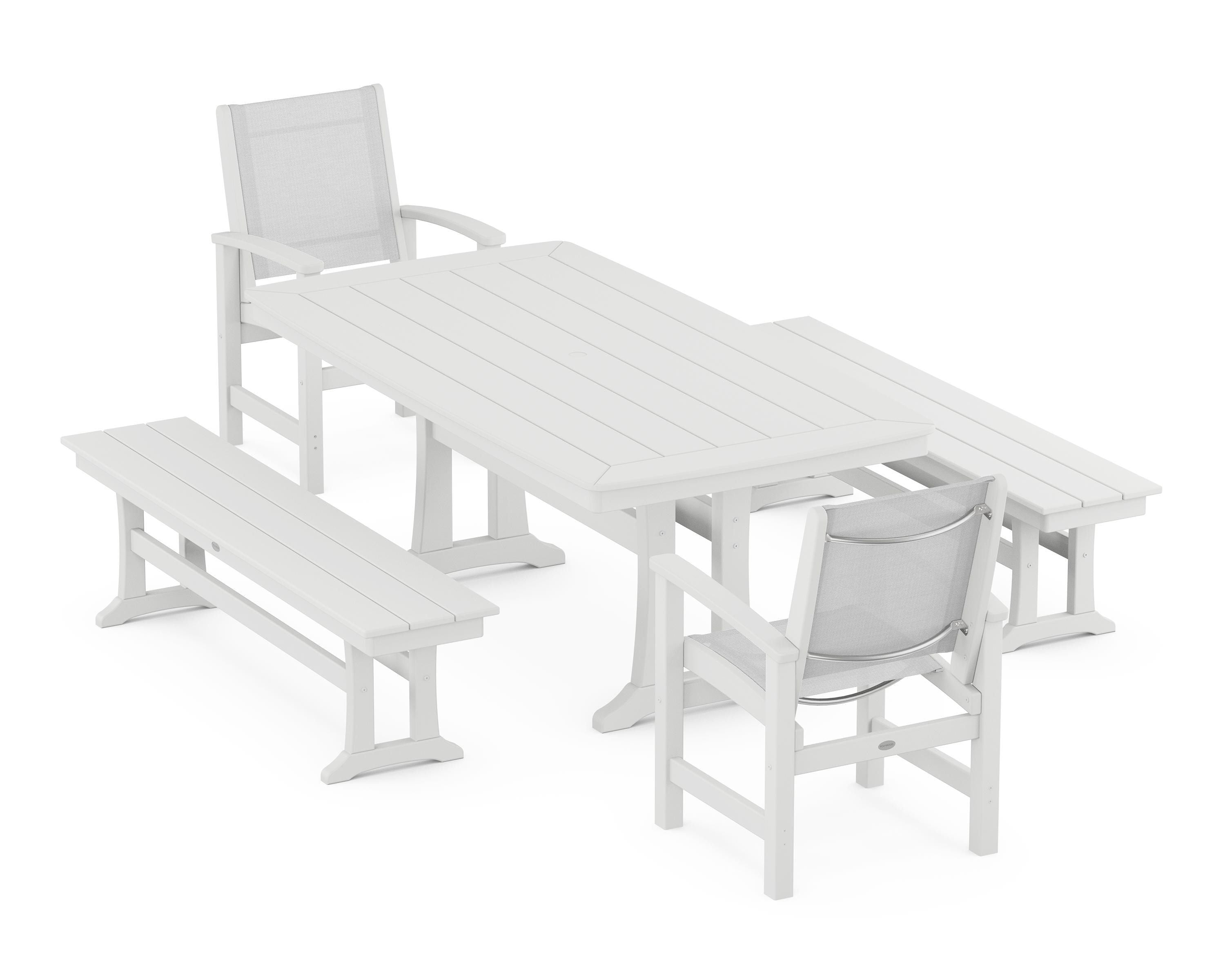 POLYWOOD Coastal 5-Piece Dining Set with Trestle Legs and Benches in White / White Sling