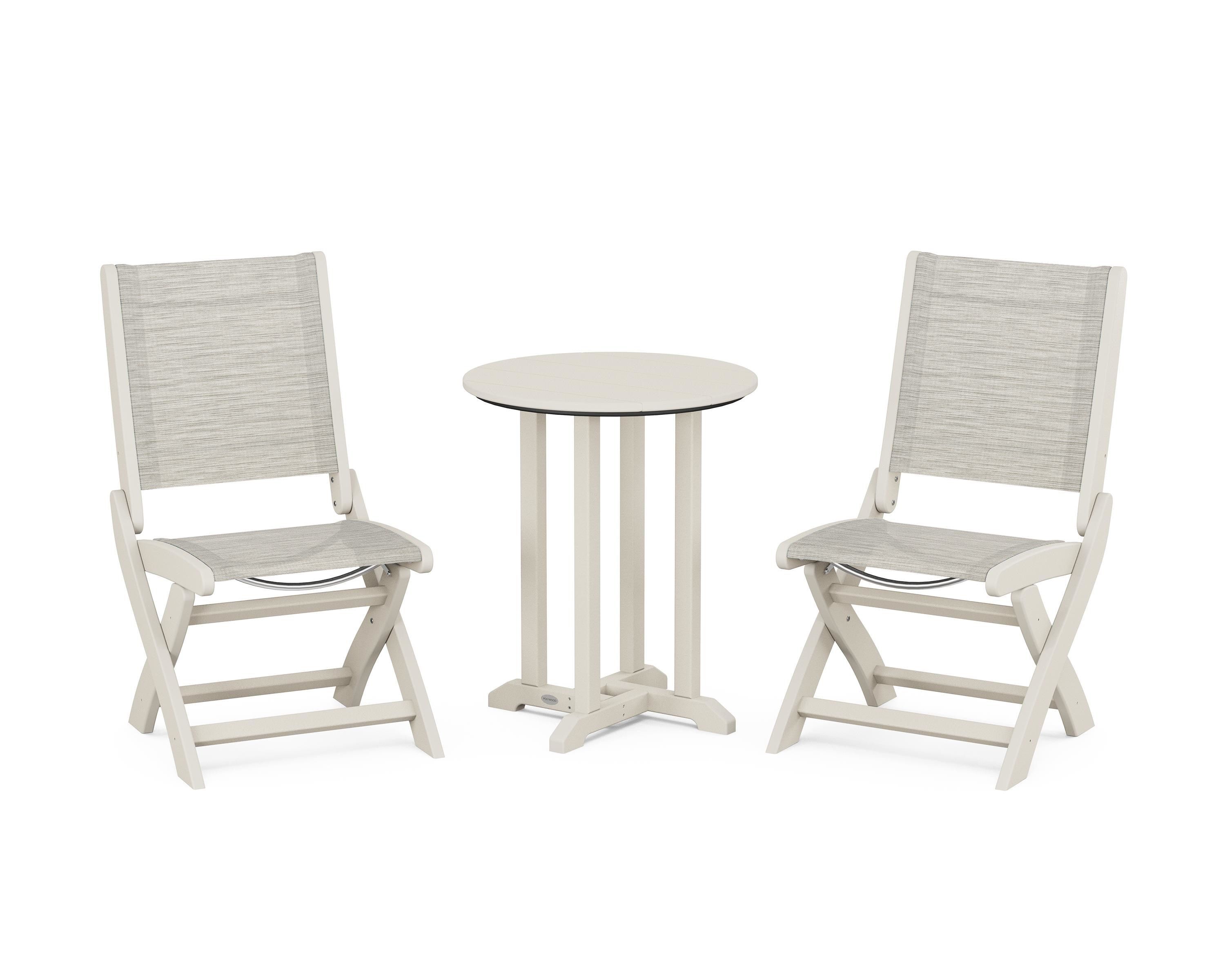 POLYWOOD Coastal Folding Side Chair 3-Piece Round Bistro Dining Set in Sand / Birch Sling