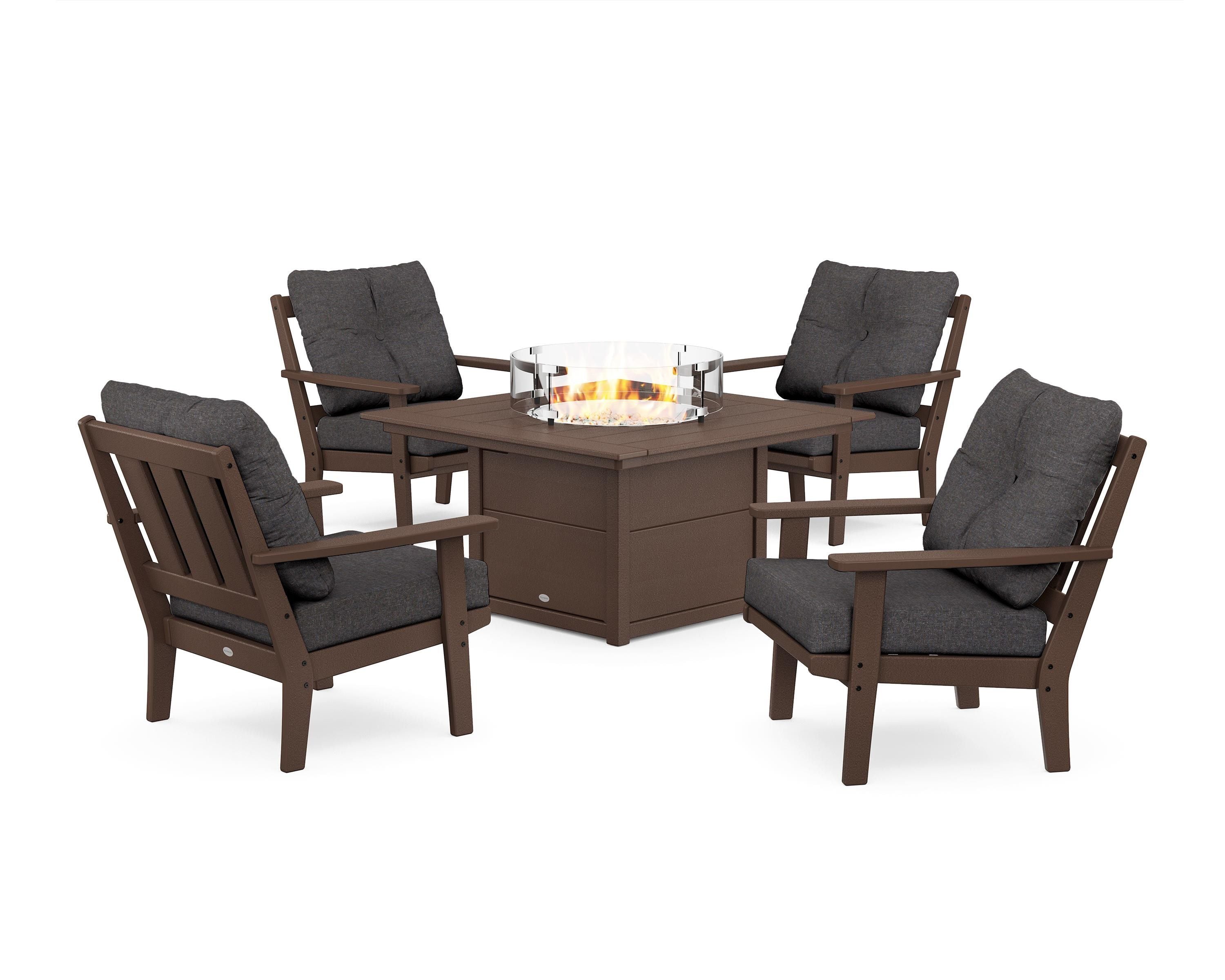 POLYWOOD Oxford 5-Piece Deep Seating Set with Fire Pit Table in Mahogany / Ash Charcoal