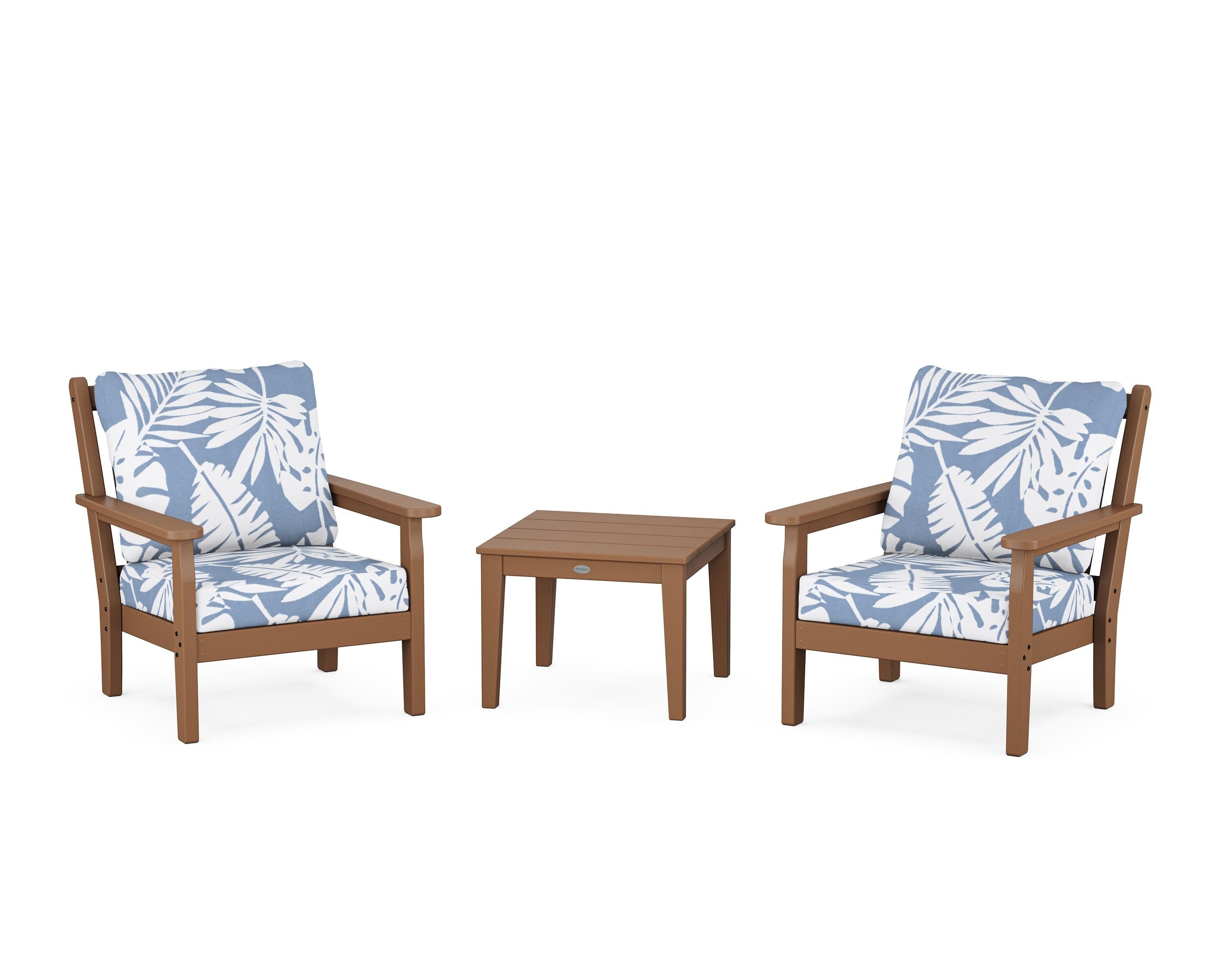 POLYWOOD Chippendale 3-Piece Deep Seating Set in Teak / Leaf Sky Blue