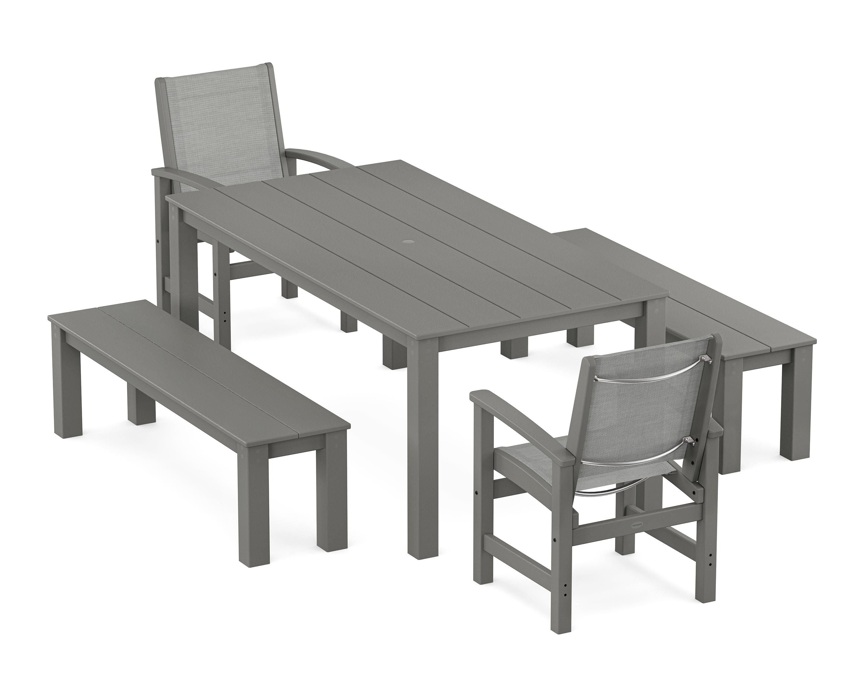 POLYWOOD Coastal 5-Piece Parsons Dining Set with Benches in Slate Grey / Metallic Sling