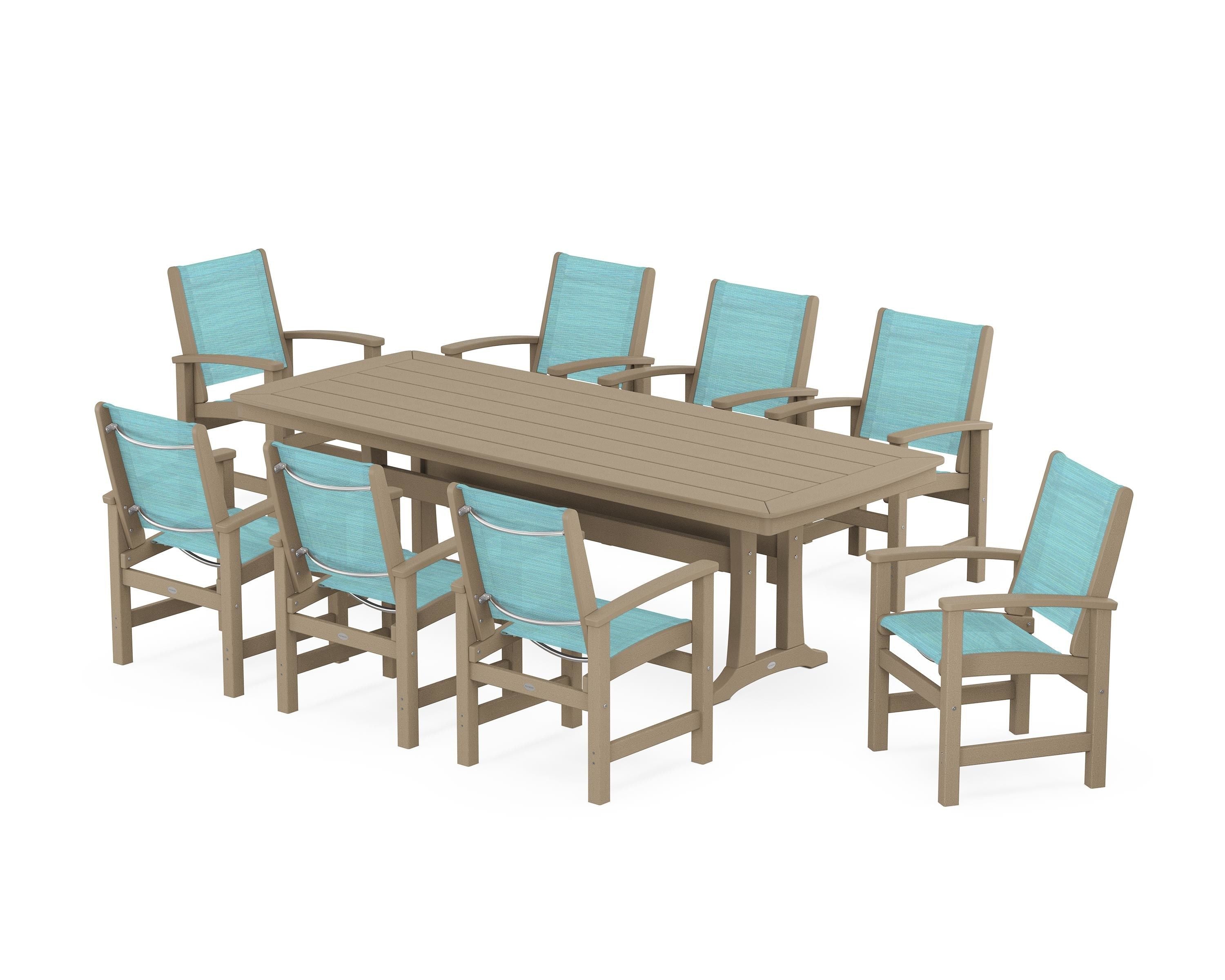 POLYWOOD Coastal 9-Piece Dining Set with Trestle Legs in Vintage Sahara / Dupioni Aquamarine Sling