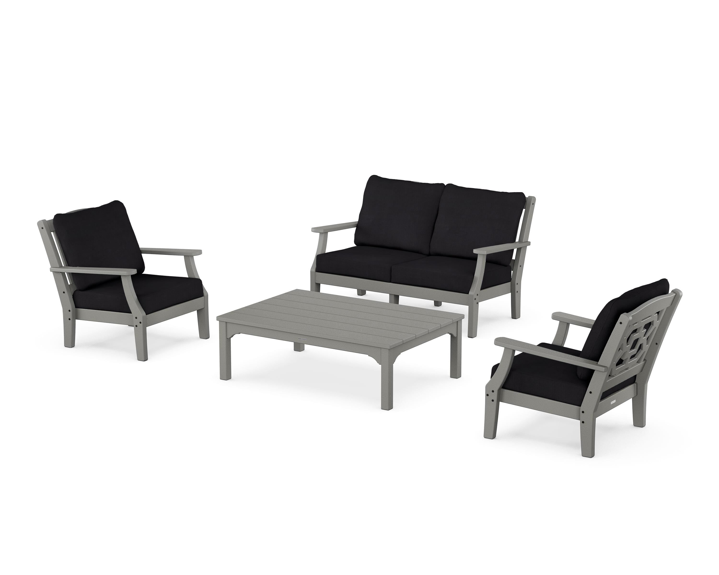 Martha Stewart by POLYWOOD Chinoiserie 4-Piece Deep Seating Set with Loveseat in Slate Grey / Midnight Linen