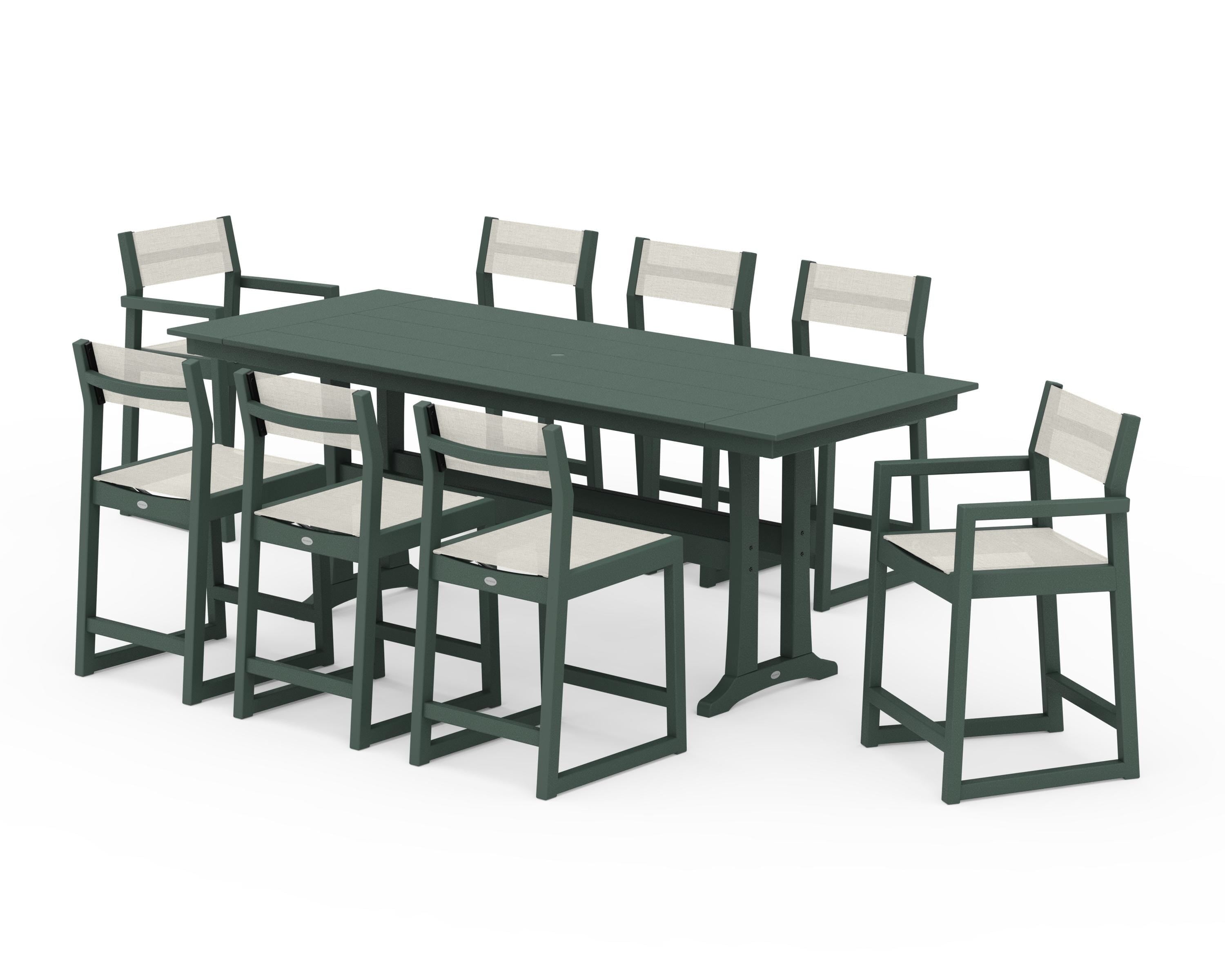 POLYWOOD EDGE Sling 9-Piece Farmhouse Counter Set with Trestle Legs in Green / Parchment Sling