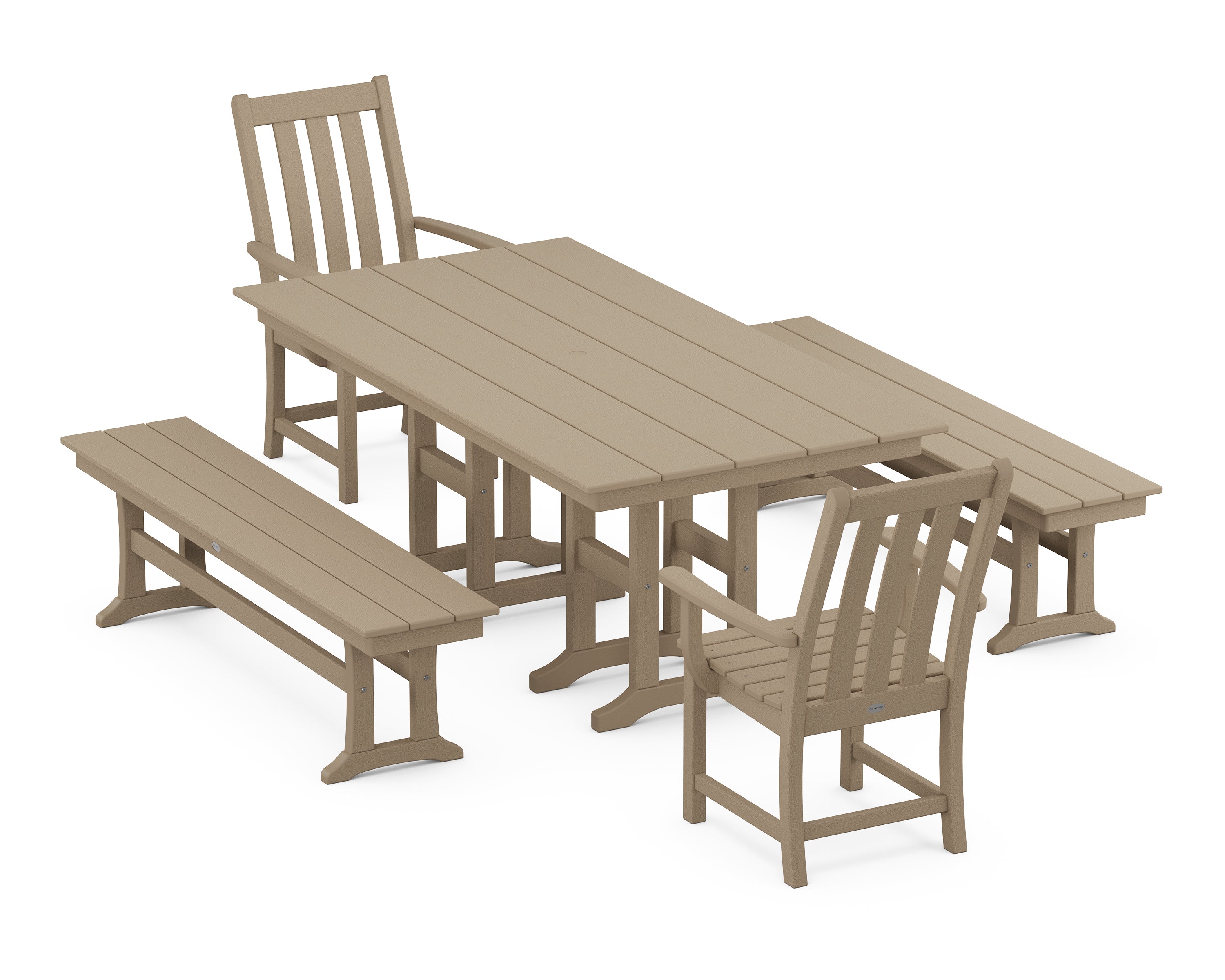 POLYWOOD Vineyard 5-Piece Farmhouse Dining Set with Benches in Vintage Sahara