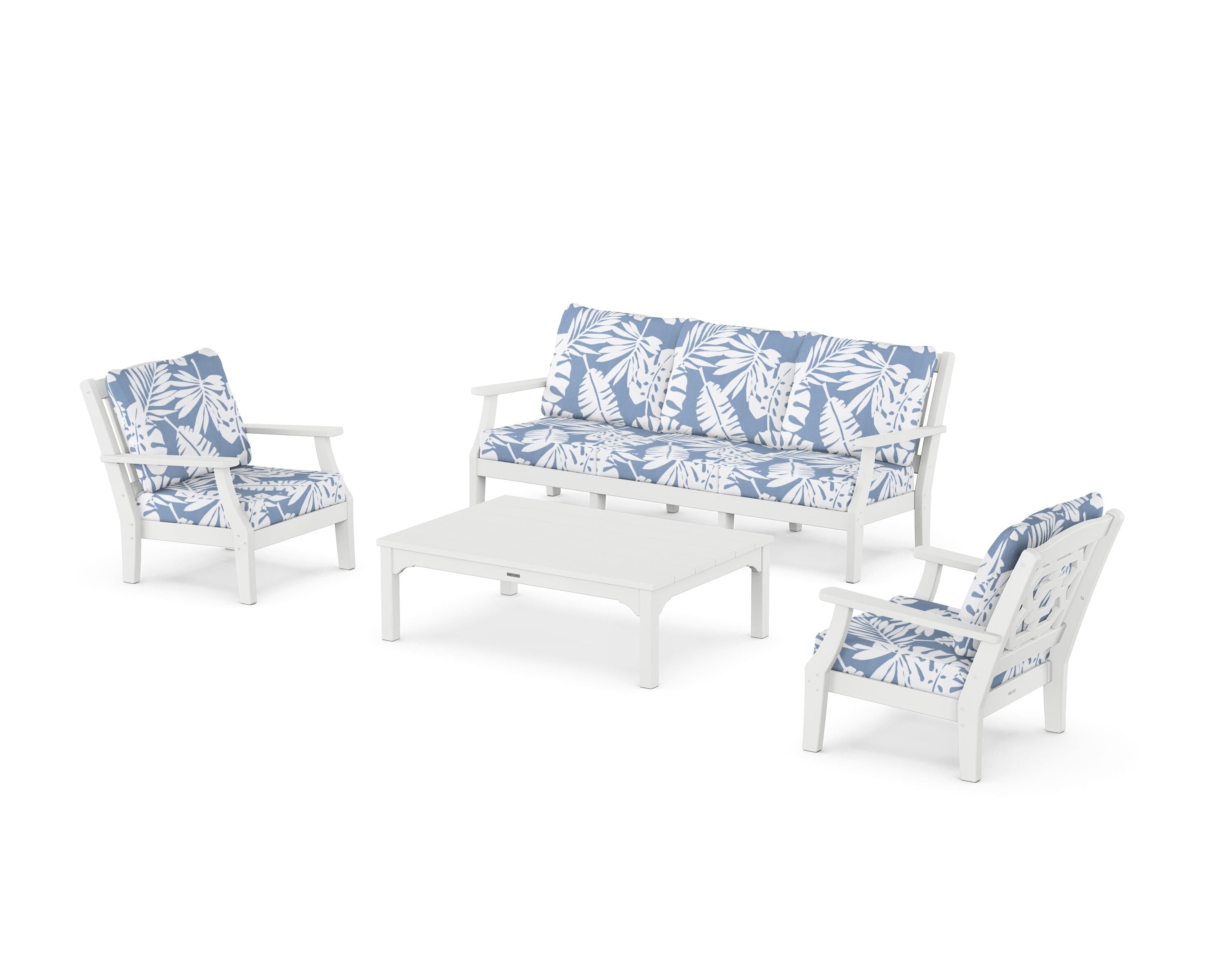 Martha Stewart by POLYWOOD Chinoiserie 4-Piece Deep Seating Set with Sofa in White / Leaf Sky Blue