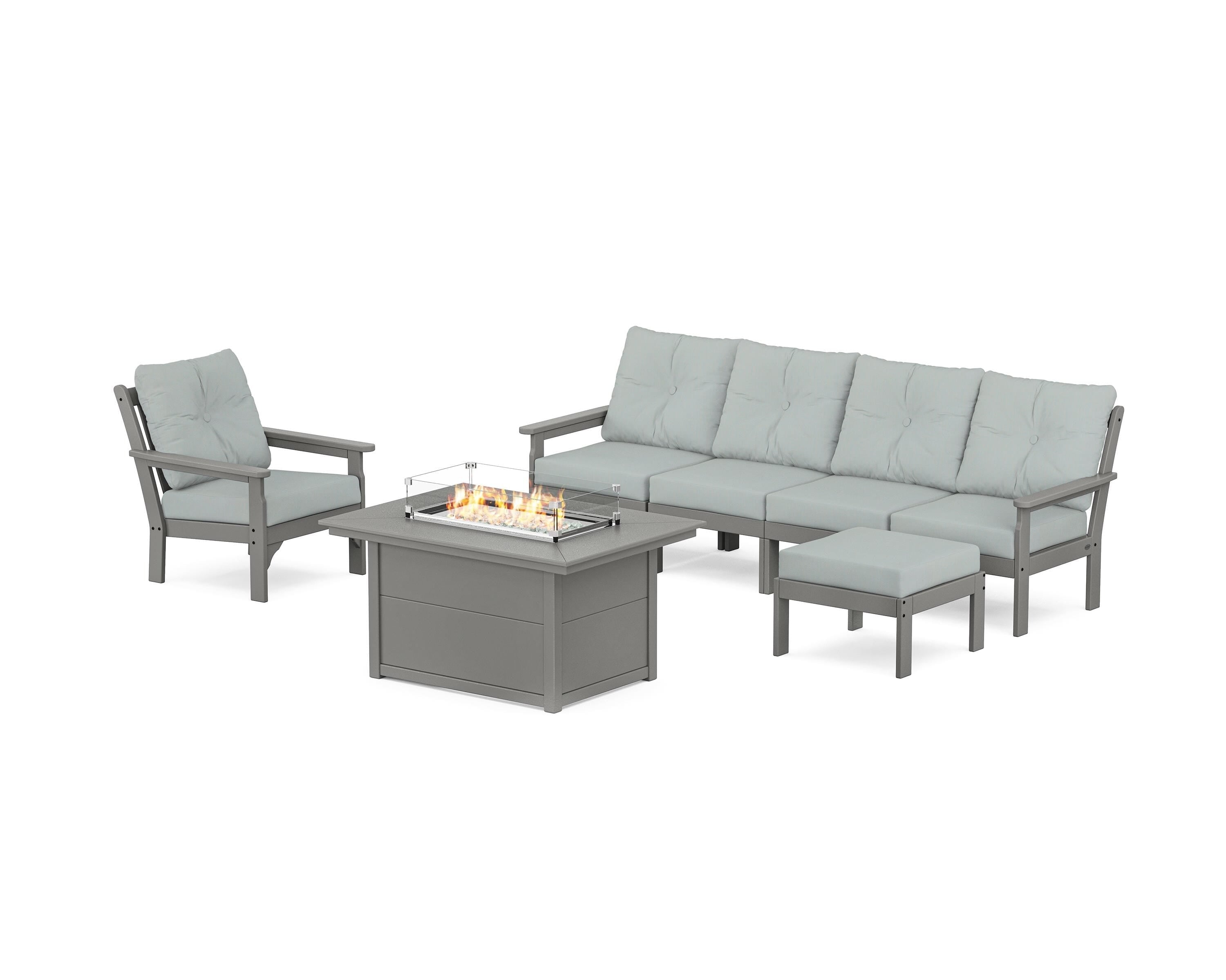 POLYWOOD Vineyard Sectional Lounge and Fire Pit Set in Slate Grey / Spa