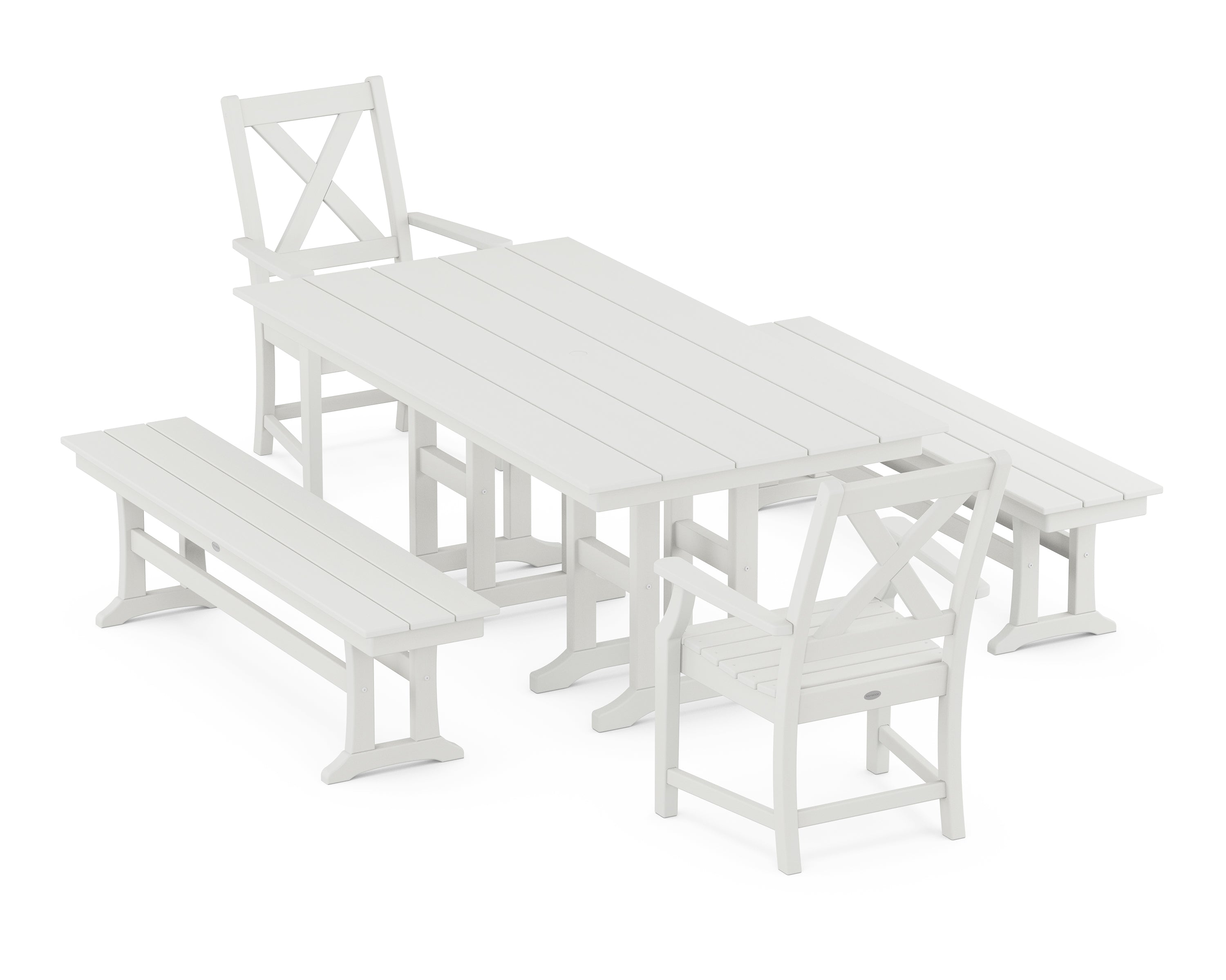 POLYWOOD® Braxton 5-Piece Farmhouse Dining Set with Benches in Vintage White