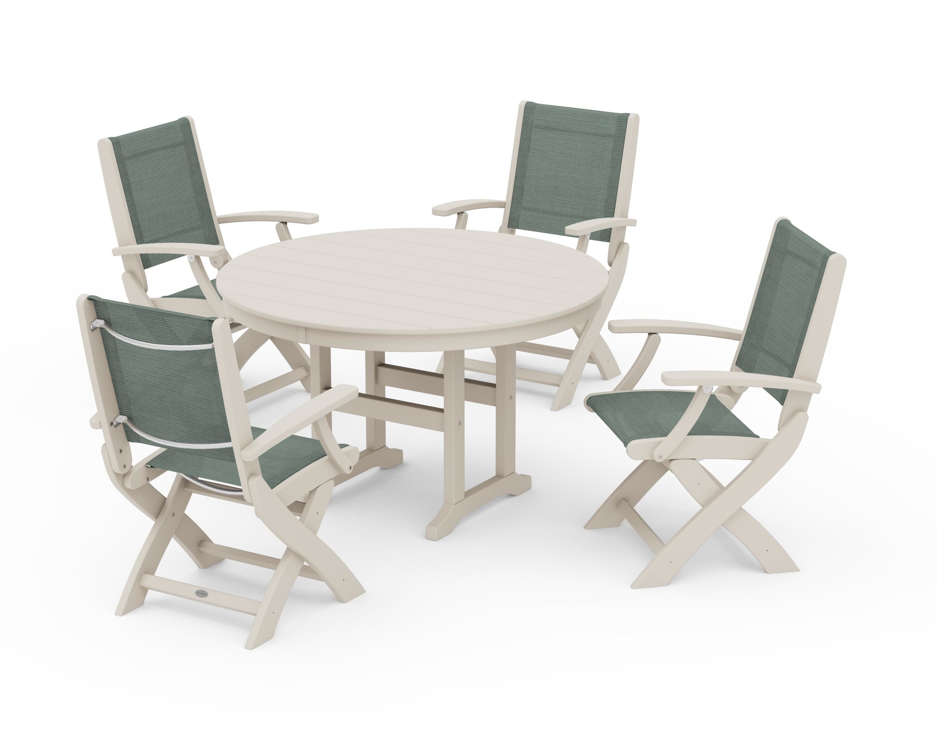 POLYWOOD Coastal Folding Chair 5-Piece Round Dining Set in Sand / Dupioni Sea Mist Sling