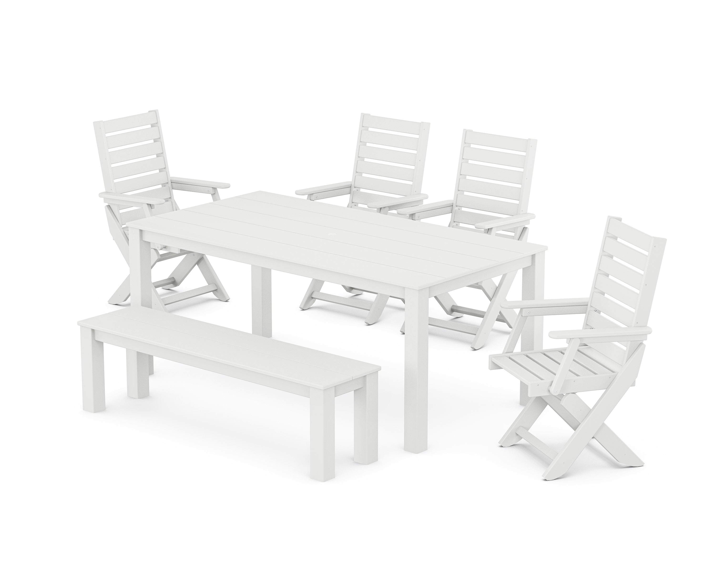 POLYWOOD Captain Folding Chair 6-Piece Parsons Dining Set with Bench in White