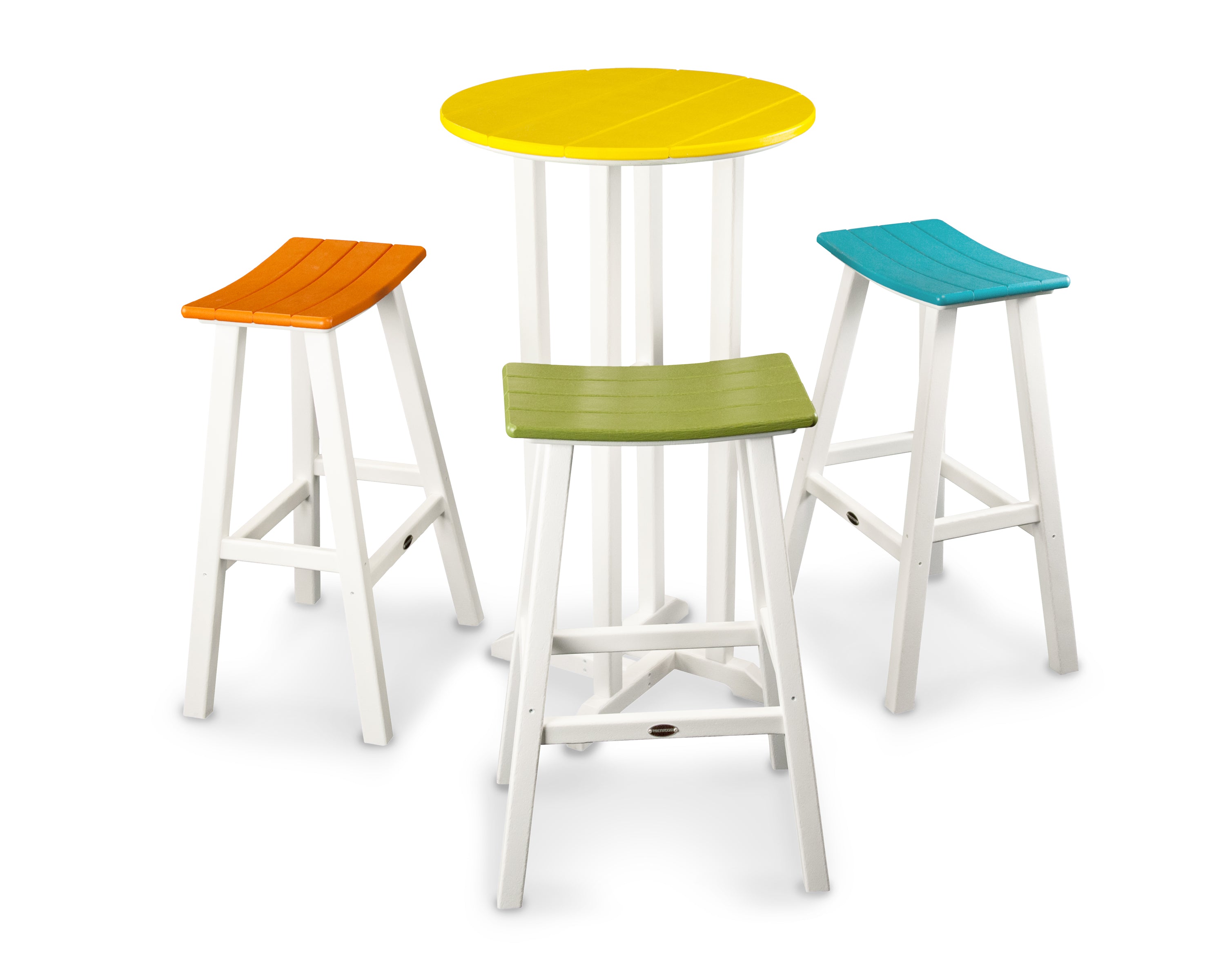 POLYWOOD® Contempo 4-Piece Round Saddle Bar Stool Set in White / Tangerine / Lime / Aruba / Lemon