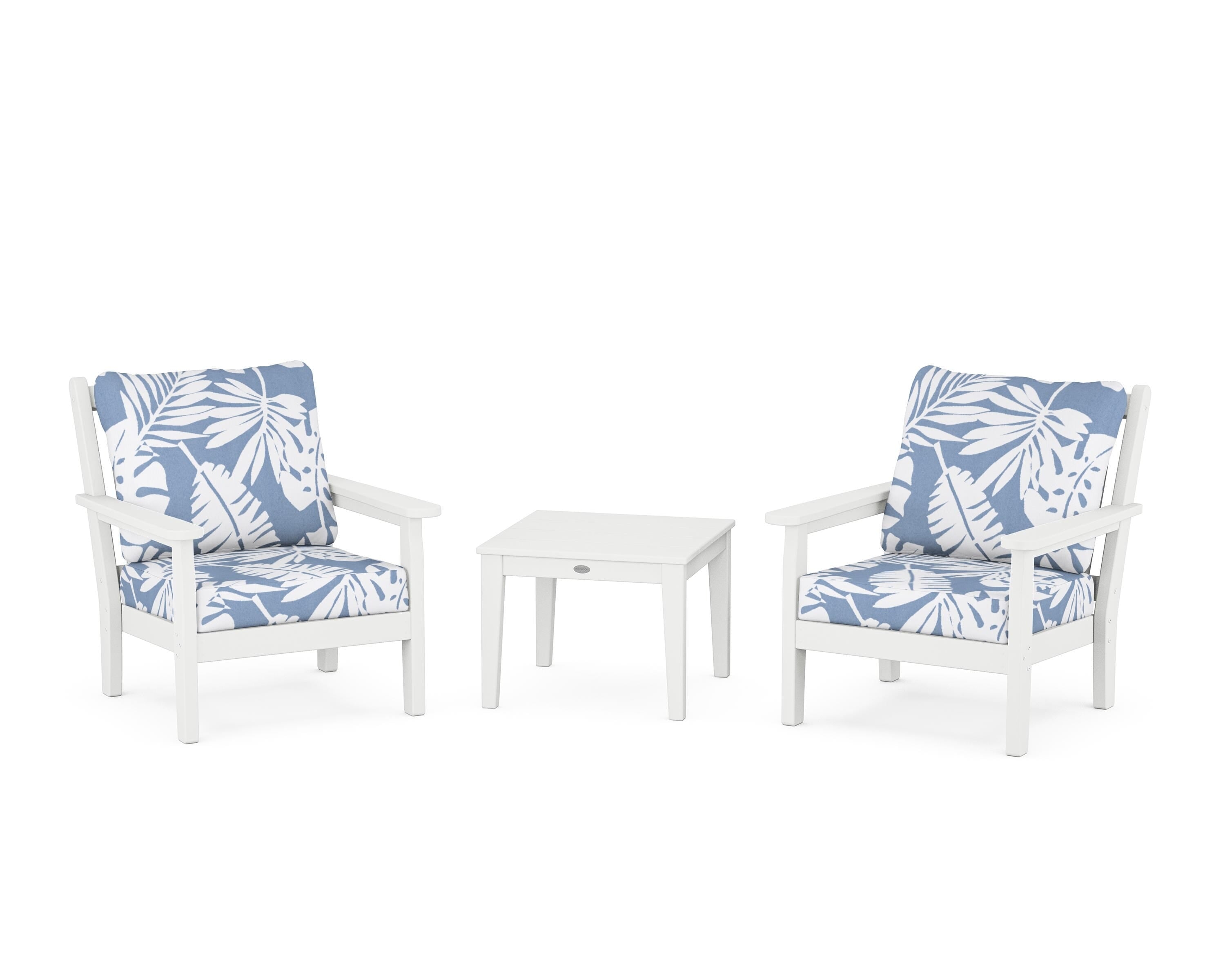 POLYWOOD Chippendale 3-Piece Deep Seating Set in White / Leaf Sky Blue