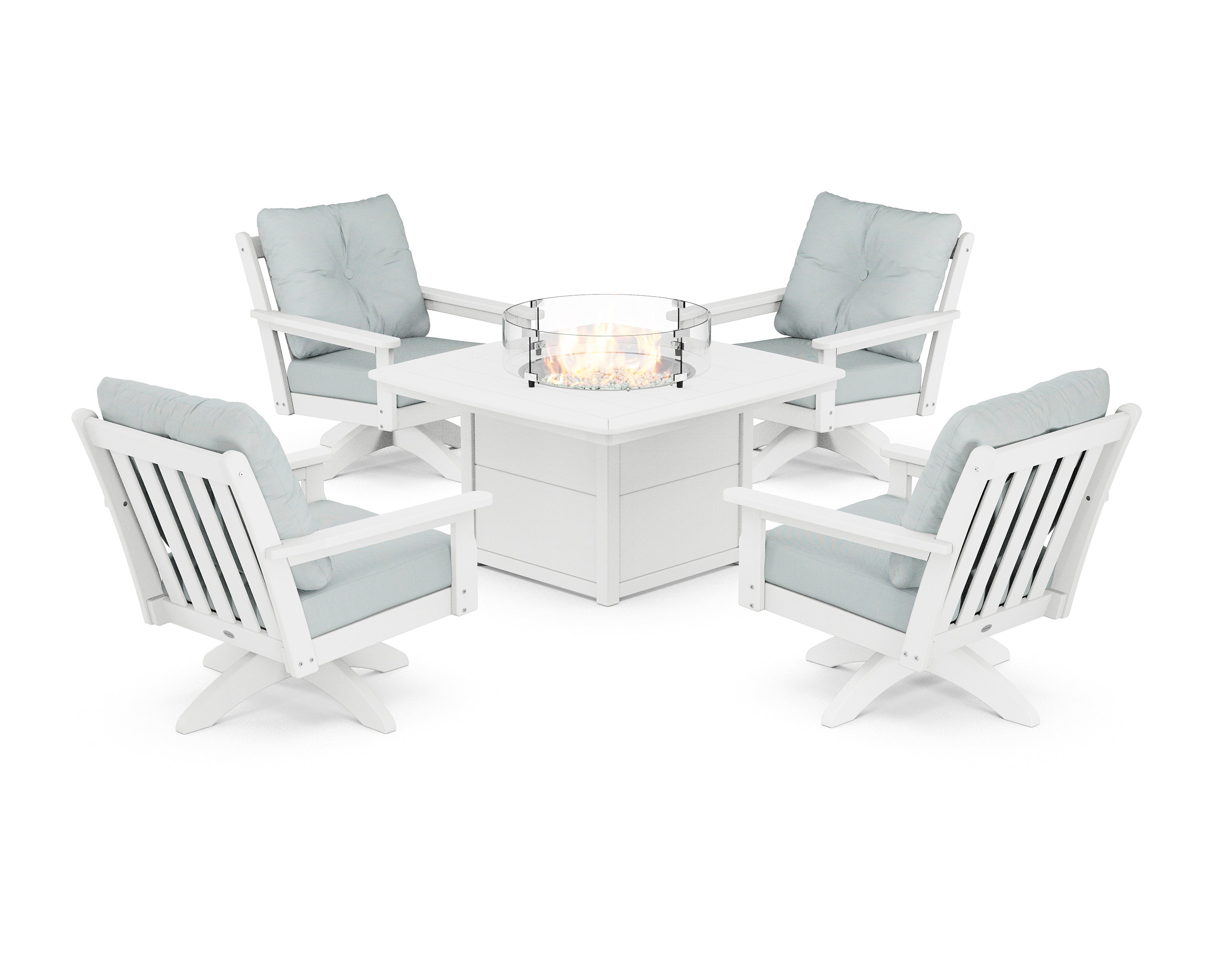 POLYWOOD Vineyard 5-Piece Deep Seating Swivel Conversation Set with Fire Pit Table in White / Spa