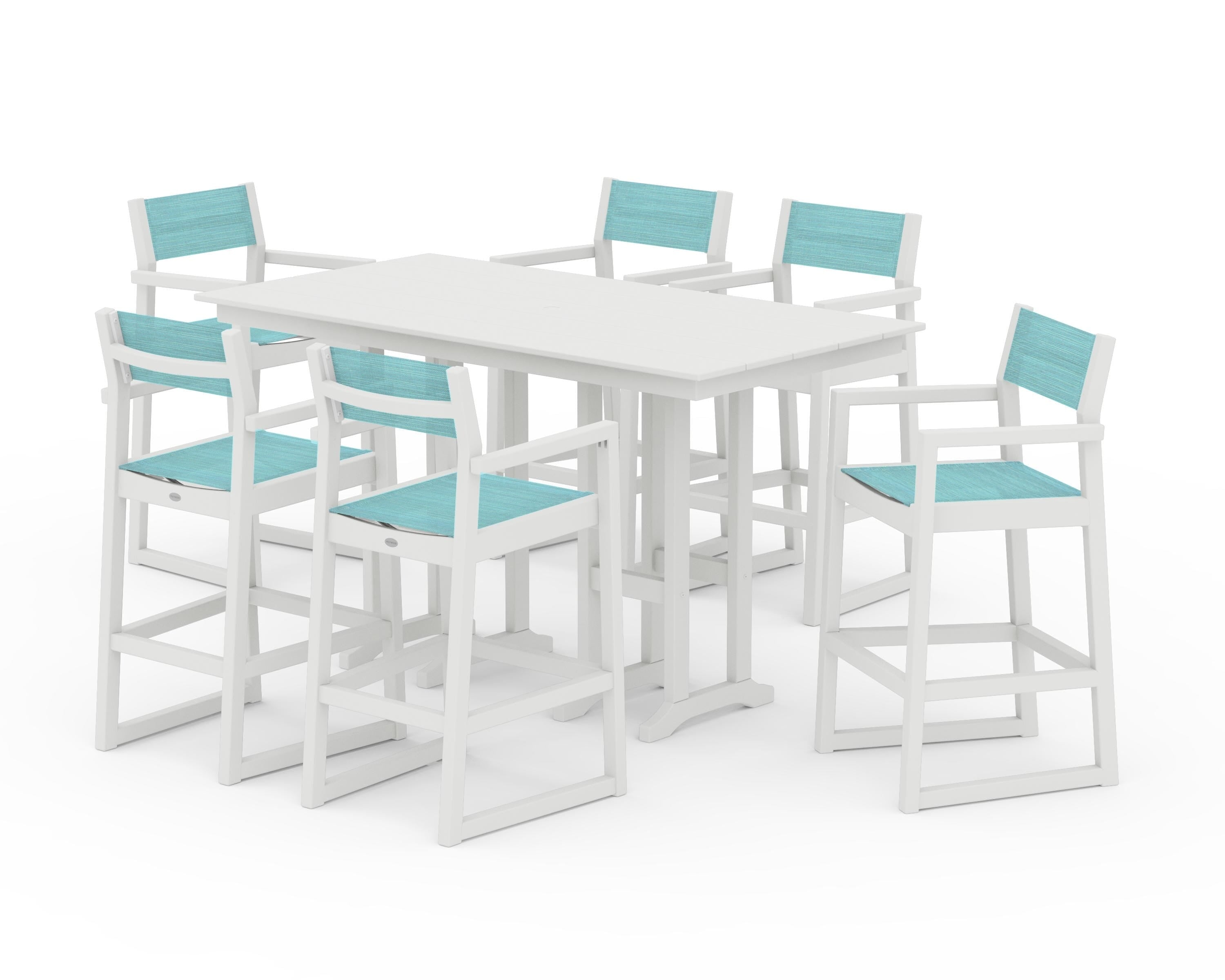 POLYWOOD EDGE Sling Arm Chair 7-Piece Farmhouse Bar Set in Vintage White / Dupioni Aquamarine Sling