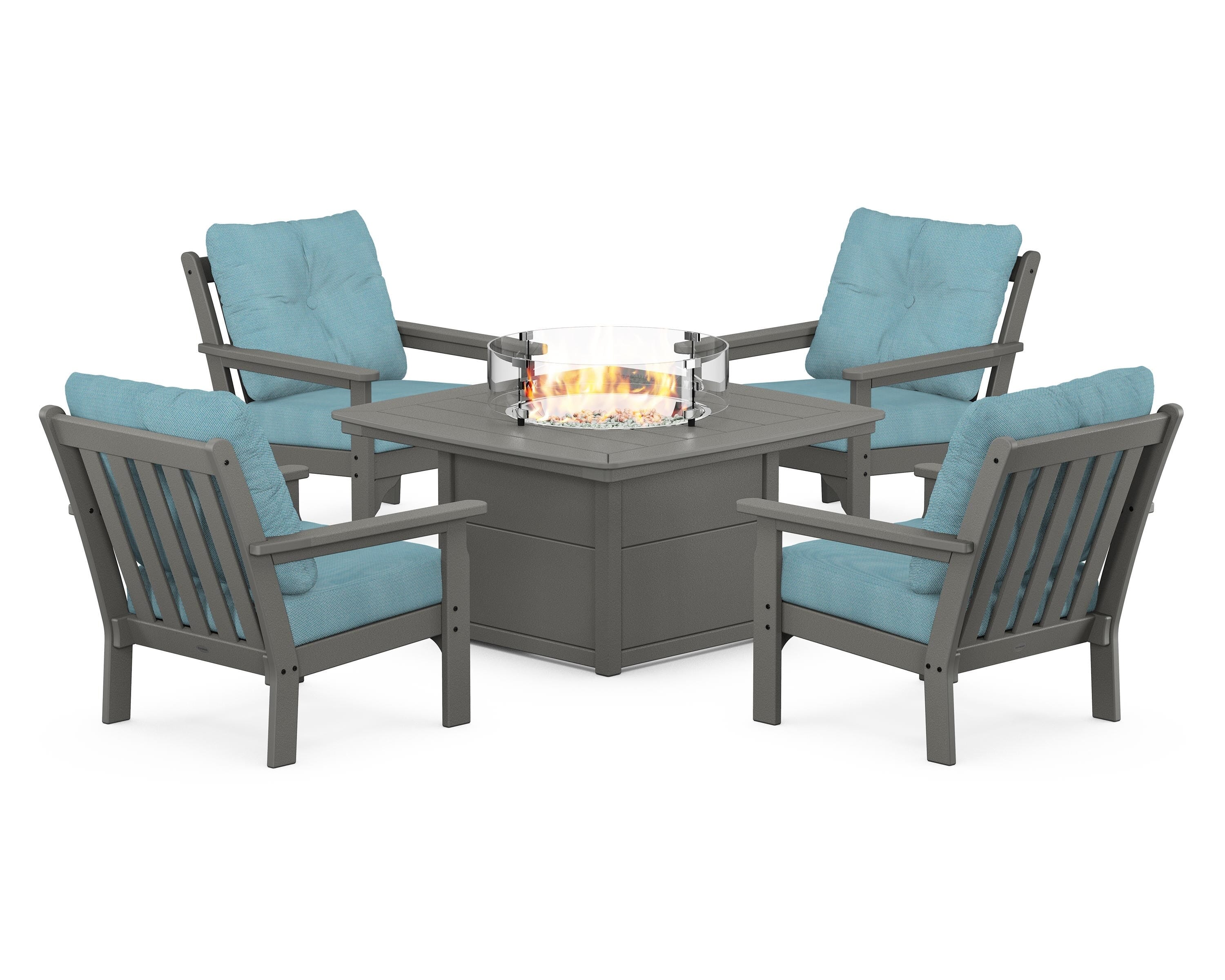 POLYWOOD Vineyard 5-Piece Conversation Set with Fire Pit Table in Slate Grey / Lattice Sky Blue