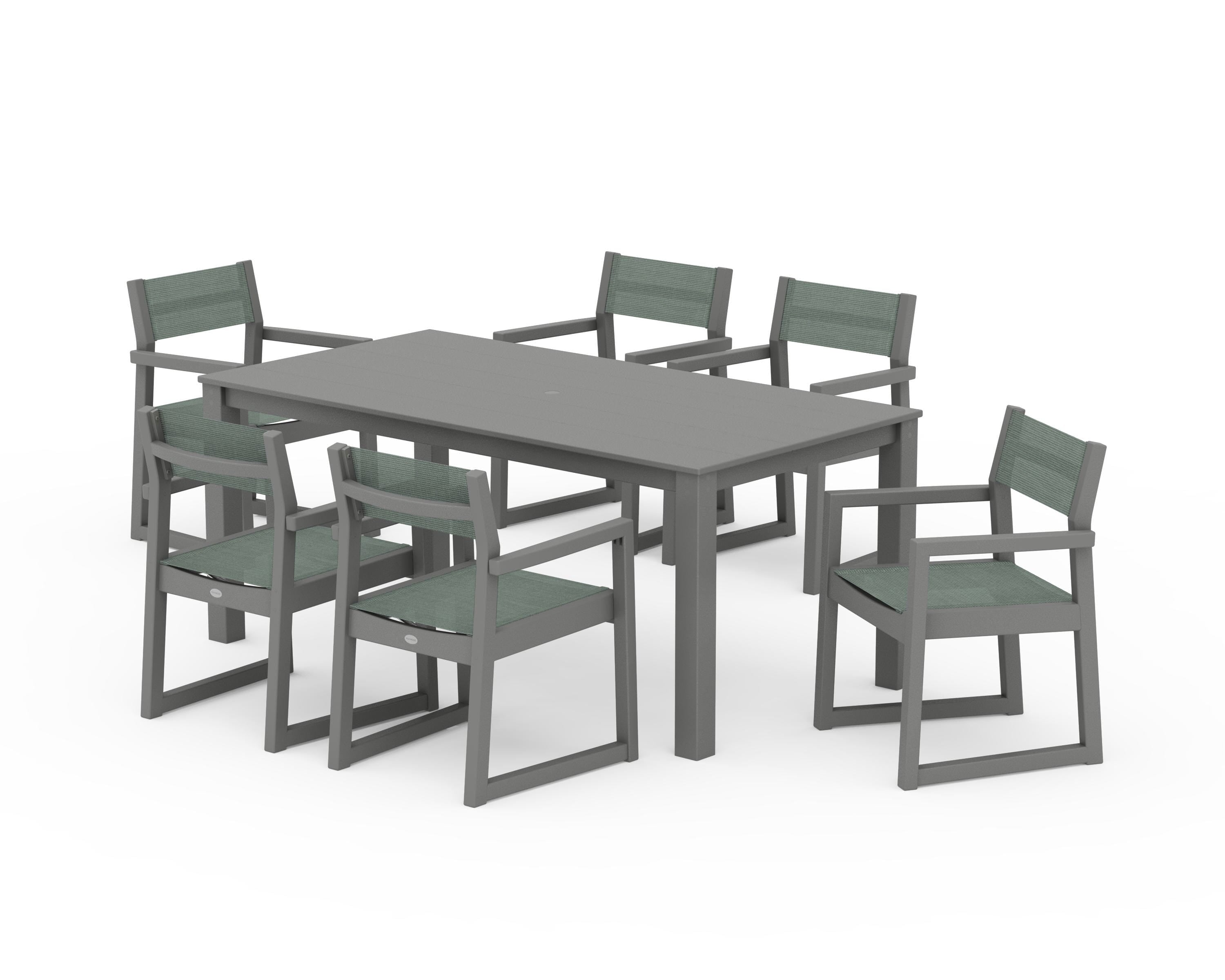 POLYWOOD EDGE Sling Arm Chair 7-Piece Parsons Dining Set in Slate Grey / Dupioni Sea Mist Sling
