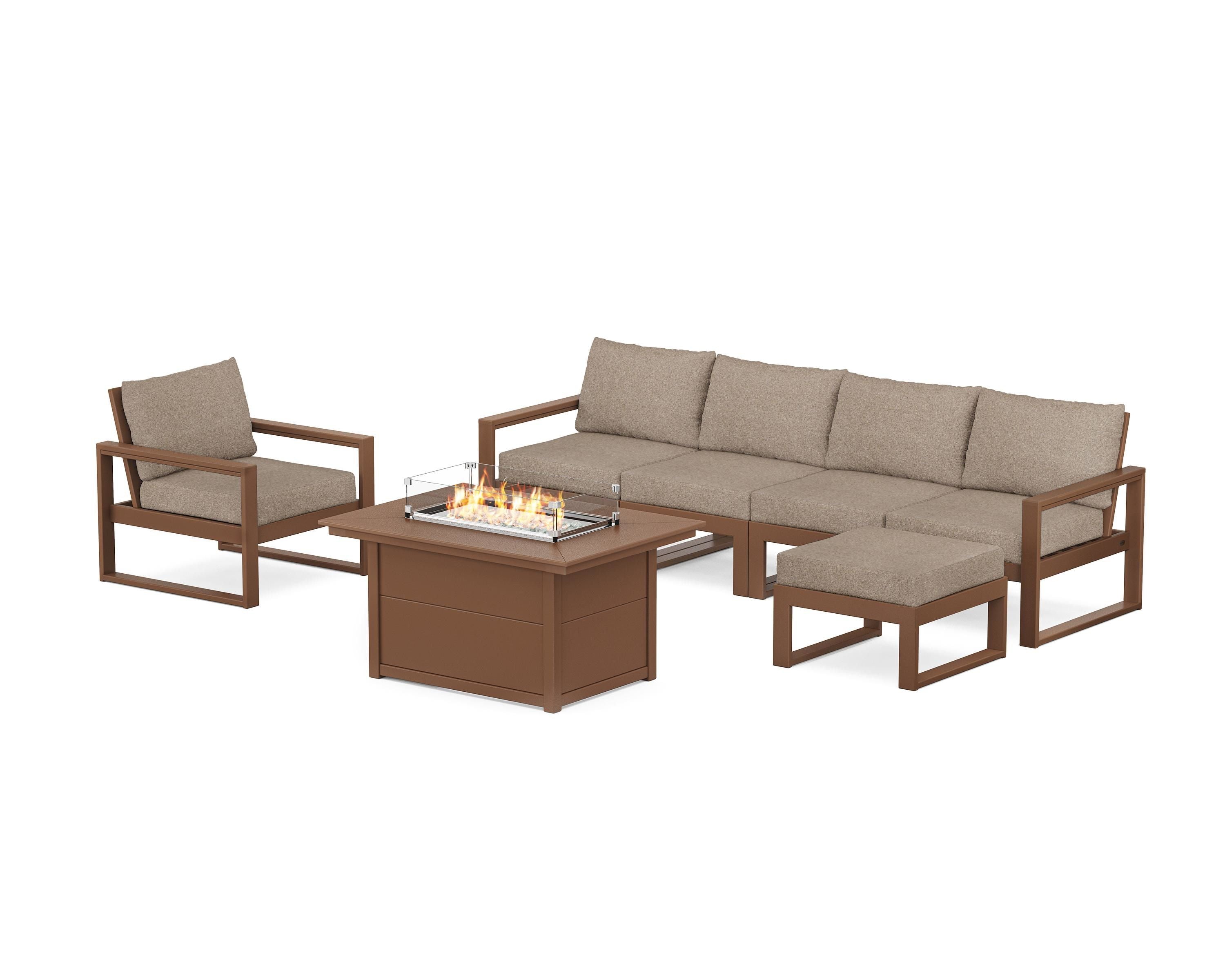 POLYWOOD EDGE Sectional Lounge and Fire Pit Set in Teak / Spiced Burlap
