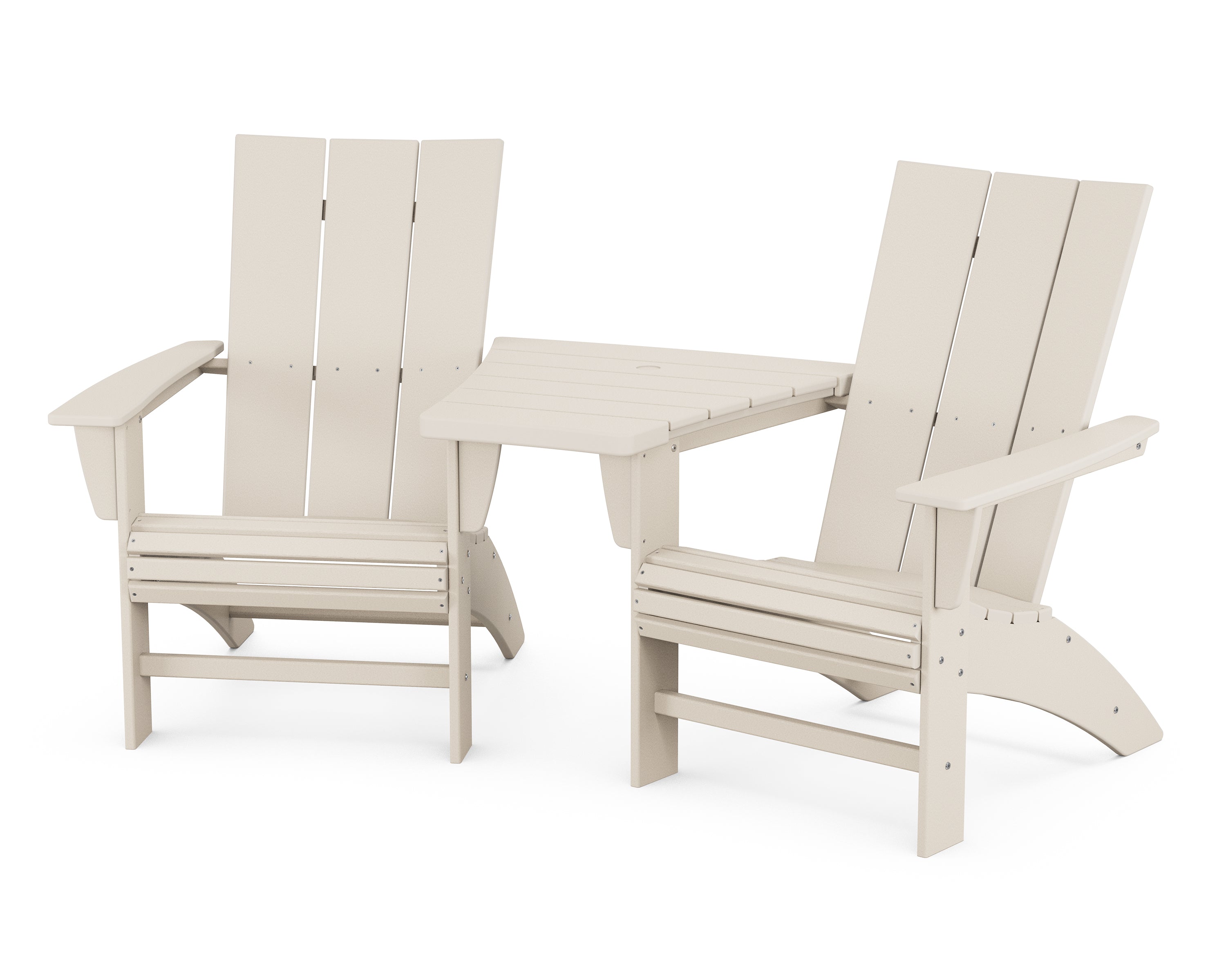 POLYWOOD® Modern 3-Piece Curveback Adirondack Set with Angled Connecting Table in Sand