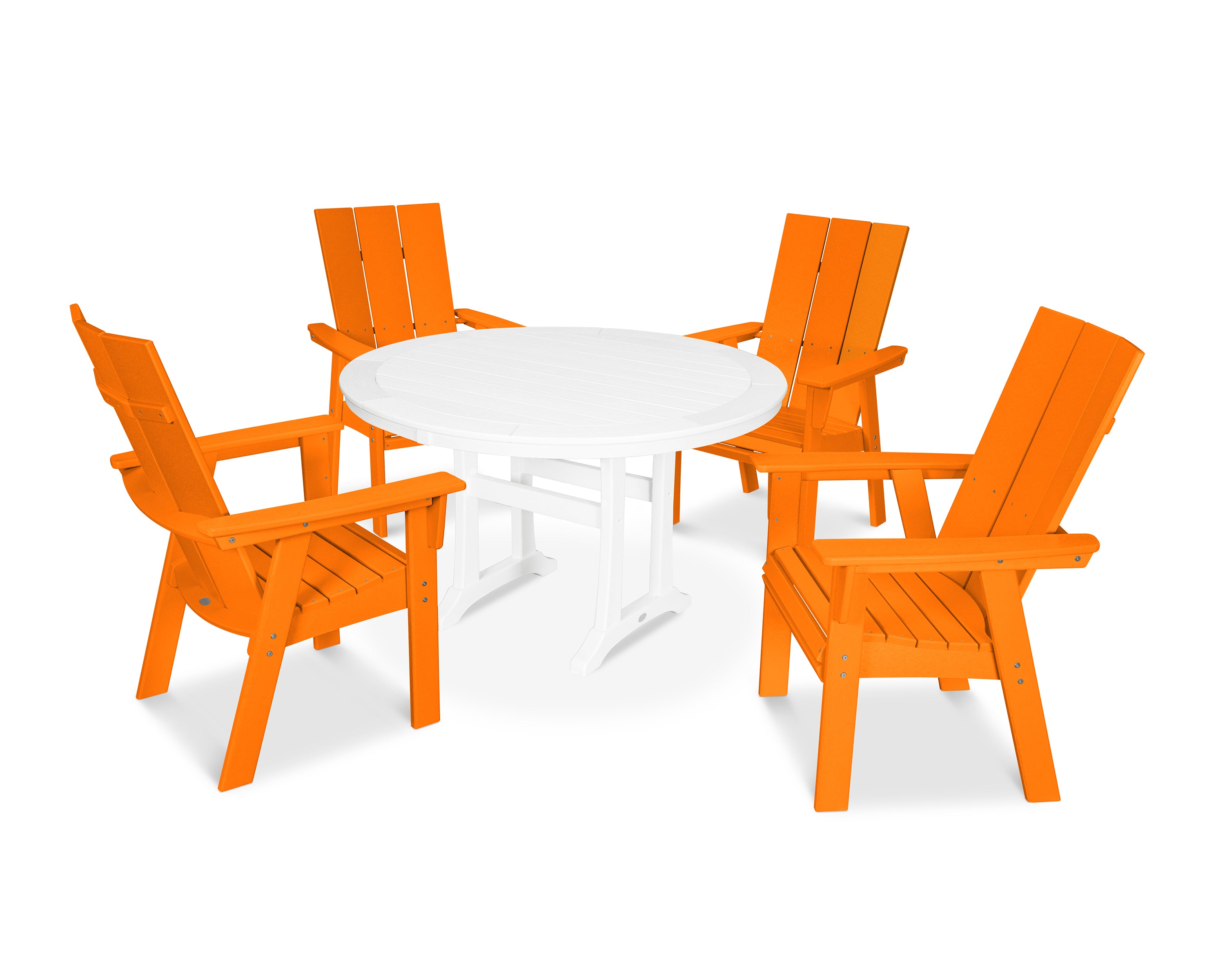 POLYWOOD® Modern Curveback Adirondack 5-Piece Nautical Trestle Dining Set in Tangerine / White