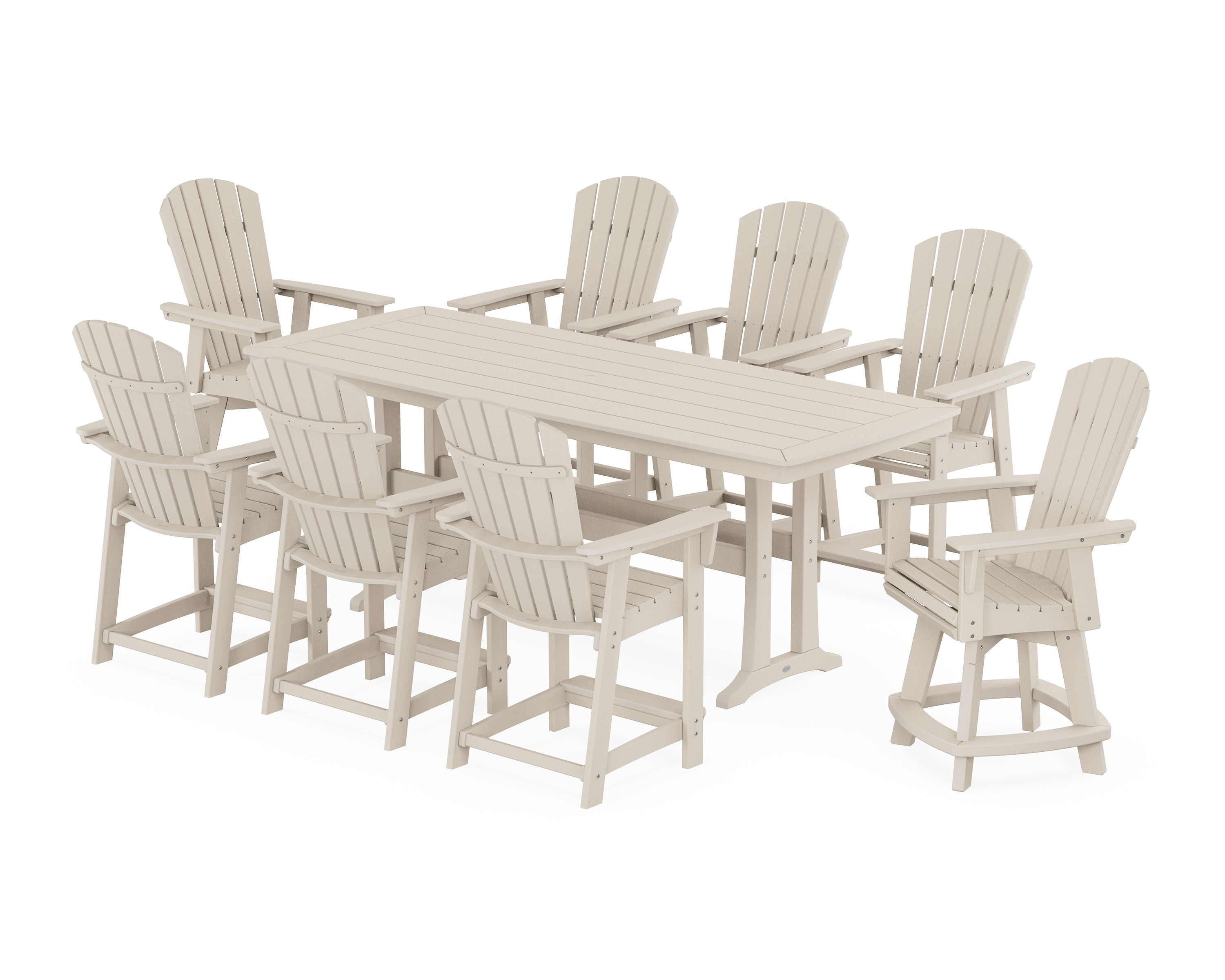 POLYWOOD® Nautical Curveback Adirondack Swivel 9-Piece Counter Set with Trestle Legs in Sand