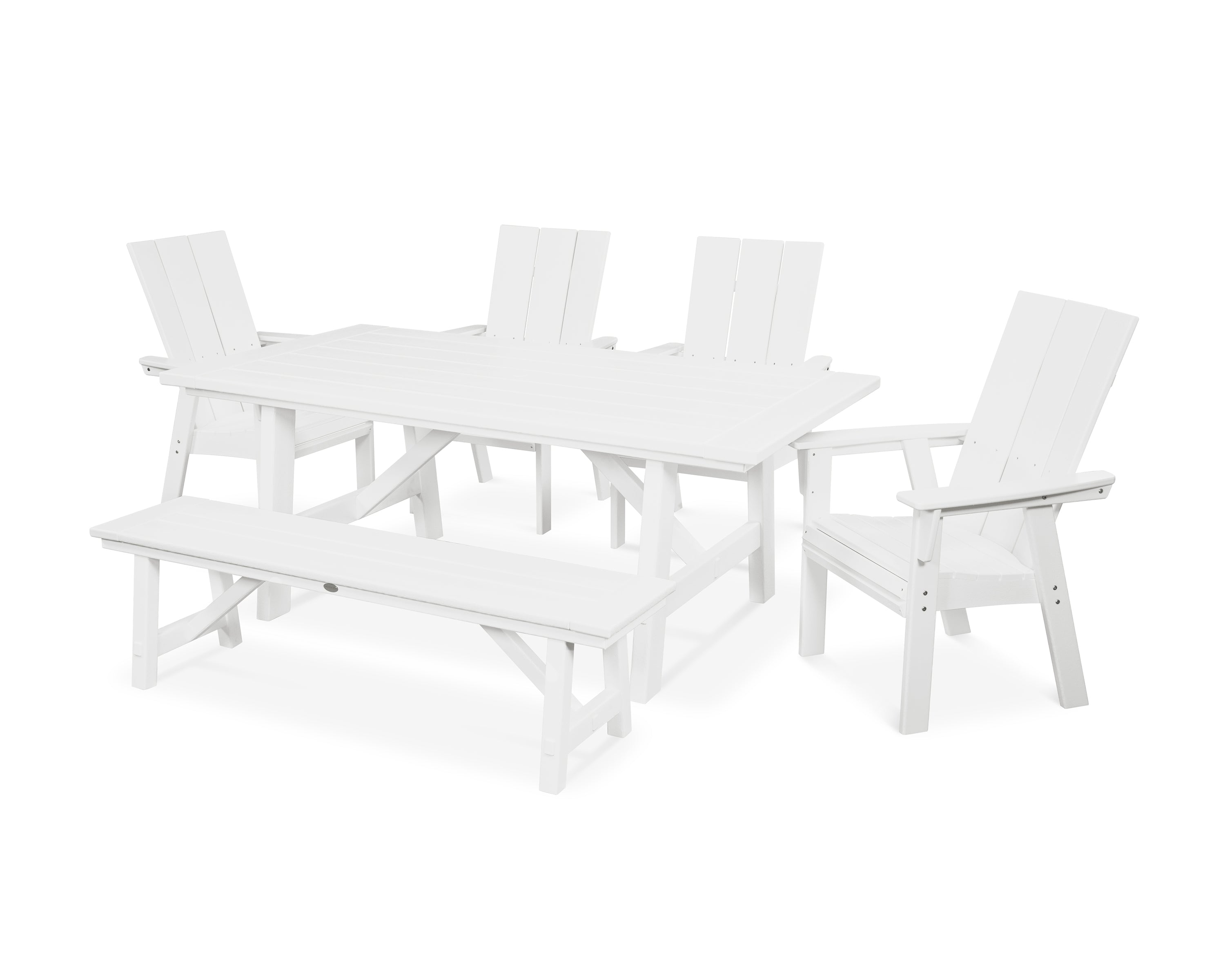 POLYWOOD® Modern Curveback Adirondack 6-Piece Rustic Farmhouse Dining Set with Bench in White