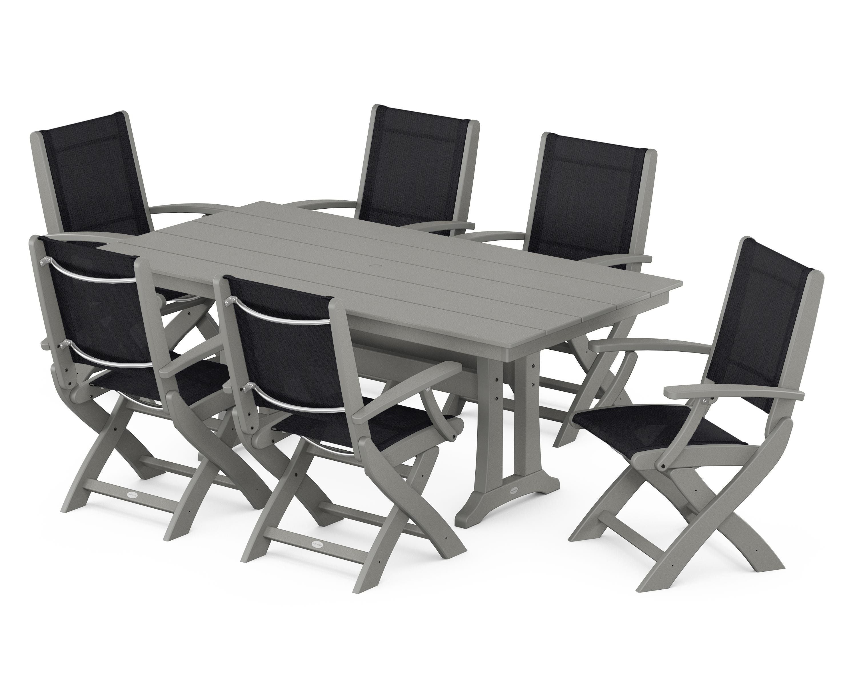 POLYWOOD Coastal Folding Arm Chair 7-Piece Farmhouse Dining Set with Trestle Legs in Slate Grey / Black Sling