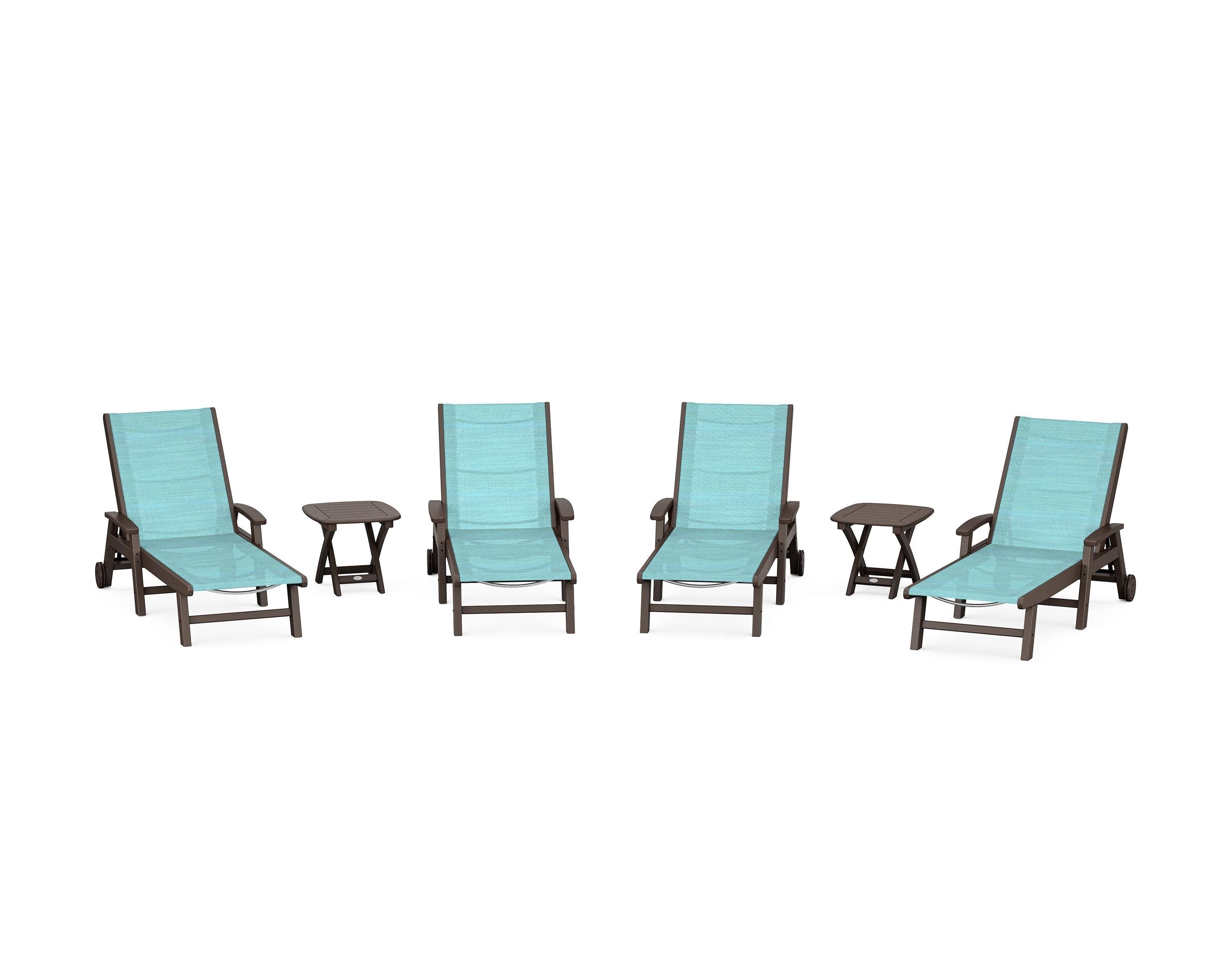 POLYWOOD Coastal Chaise 6-Piece Set with Wheels in Mahogany / Dupioni Aquamarine Sling