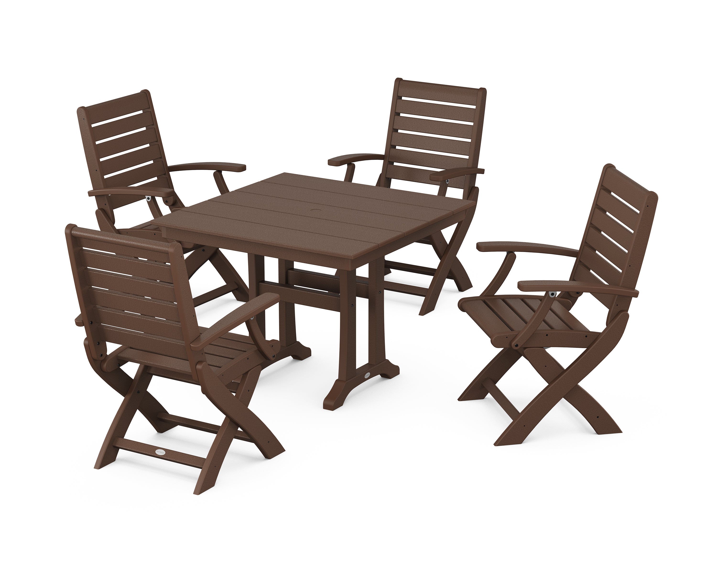 POLYWOOD Signature Folding Chair 5-Piece Farmhouse Dining Set With Trestle Legs in Mahogany