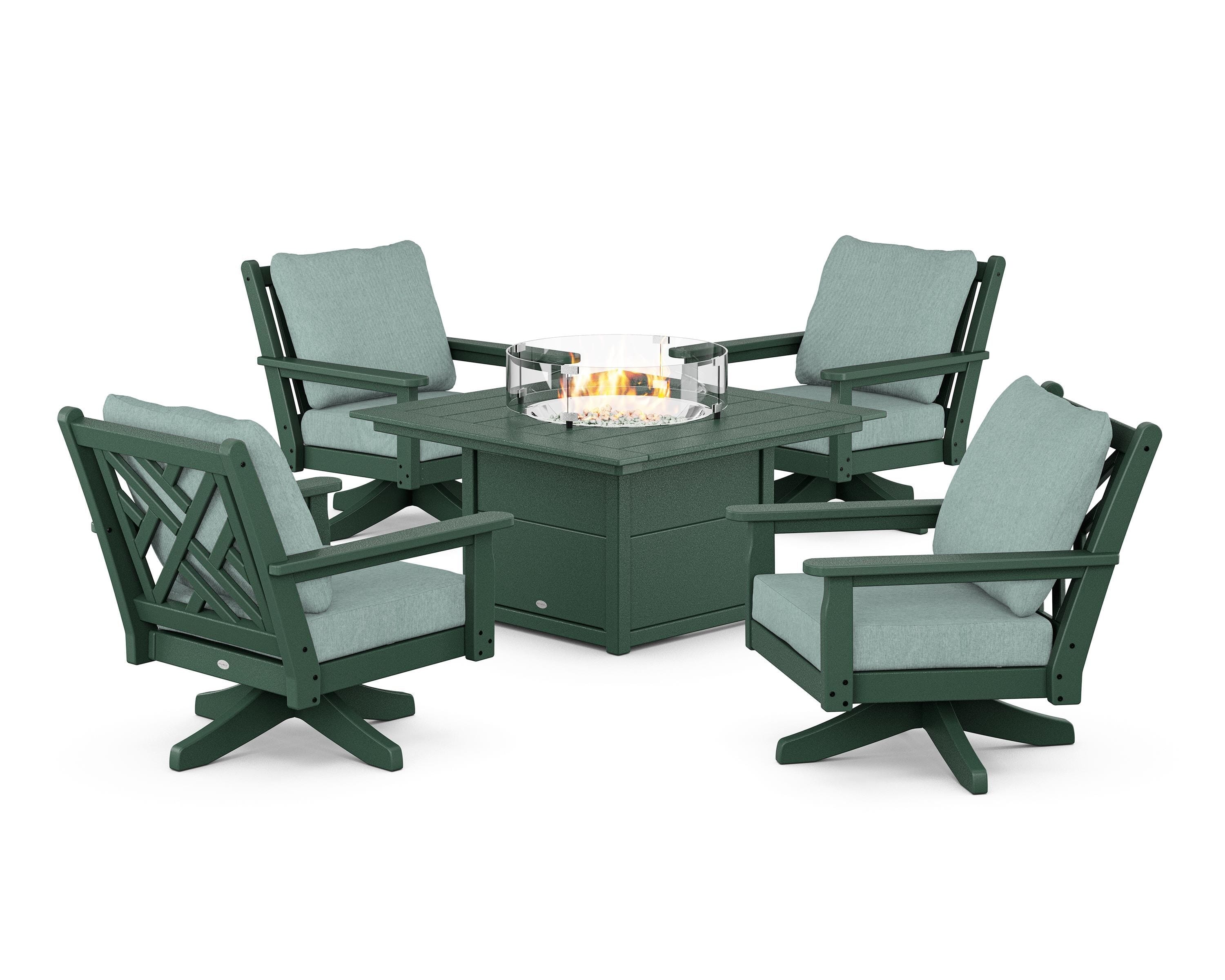 POLYWOOD Chippendale 5-Piece Deep Seating Swivel Conversation Set with Fire Pit Table in Green / Glacier Spa