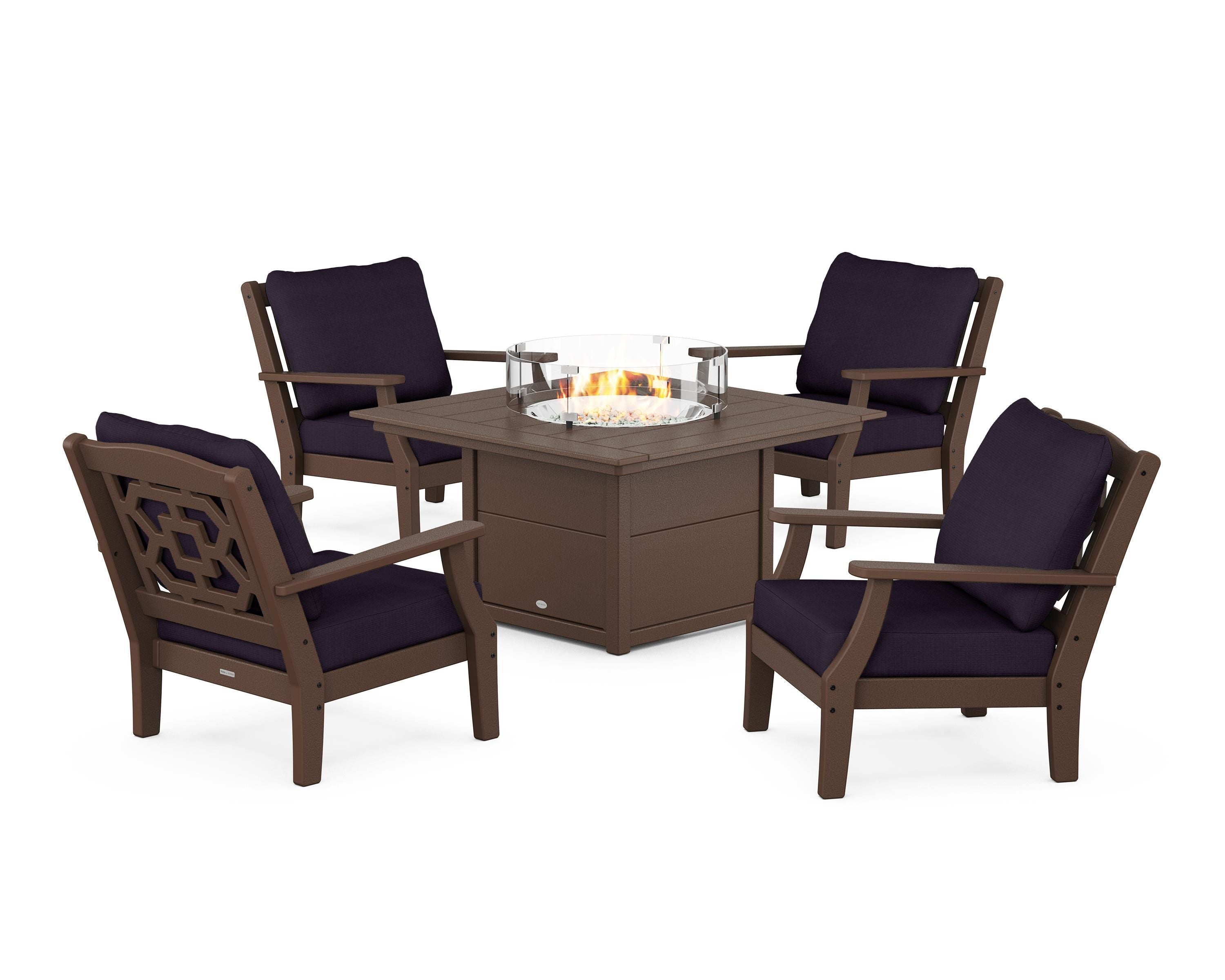 Martha Stewart by POLYWOOD Chinoiserie 5-Piece Deep Seating Set with Fire Pit Table in Mahogany / Navy Linen