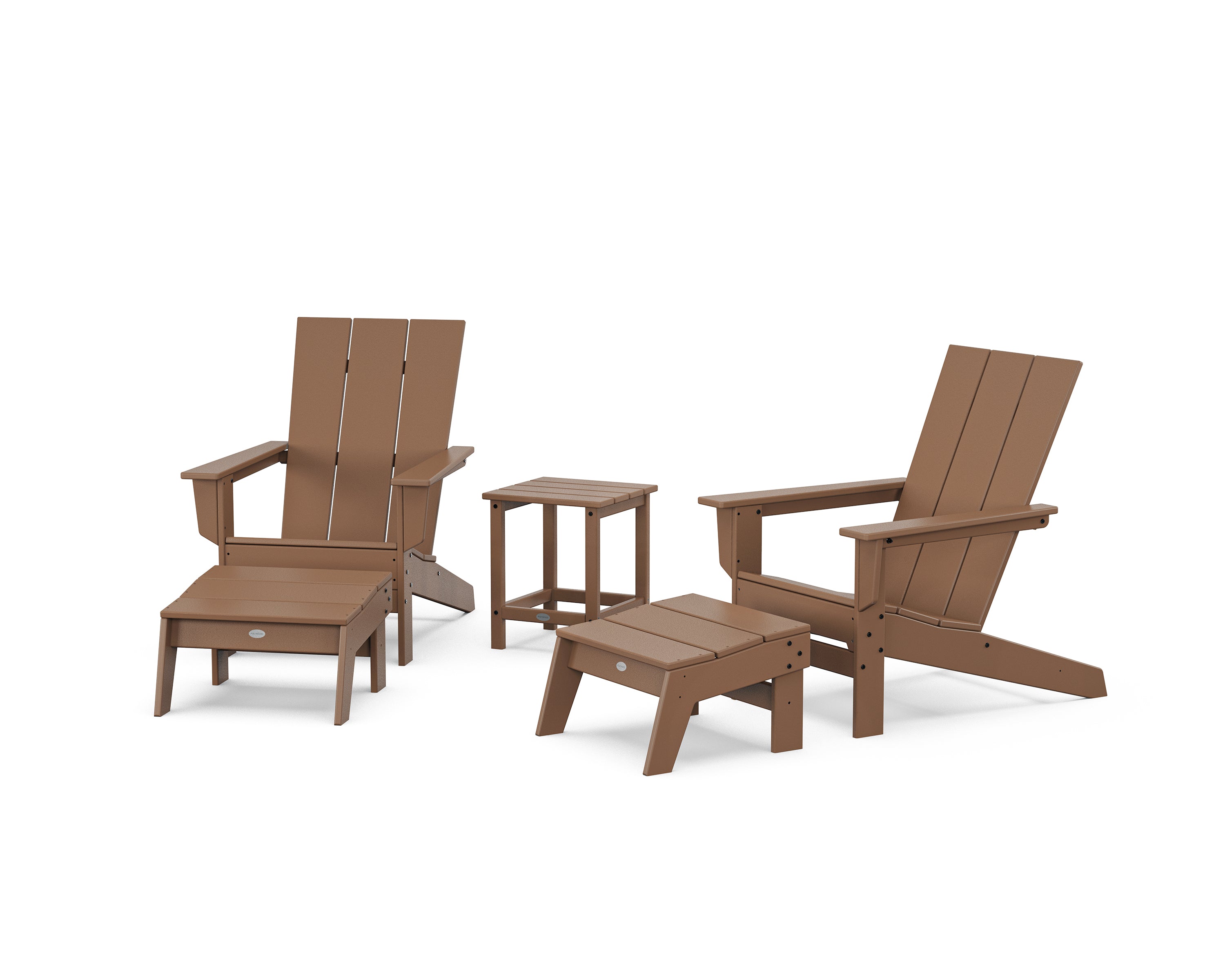 POLYWOOD 5-Piece Modern Studio Adirondack Set with Ottomans and Side Table in Teak