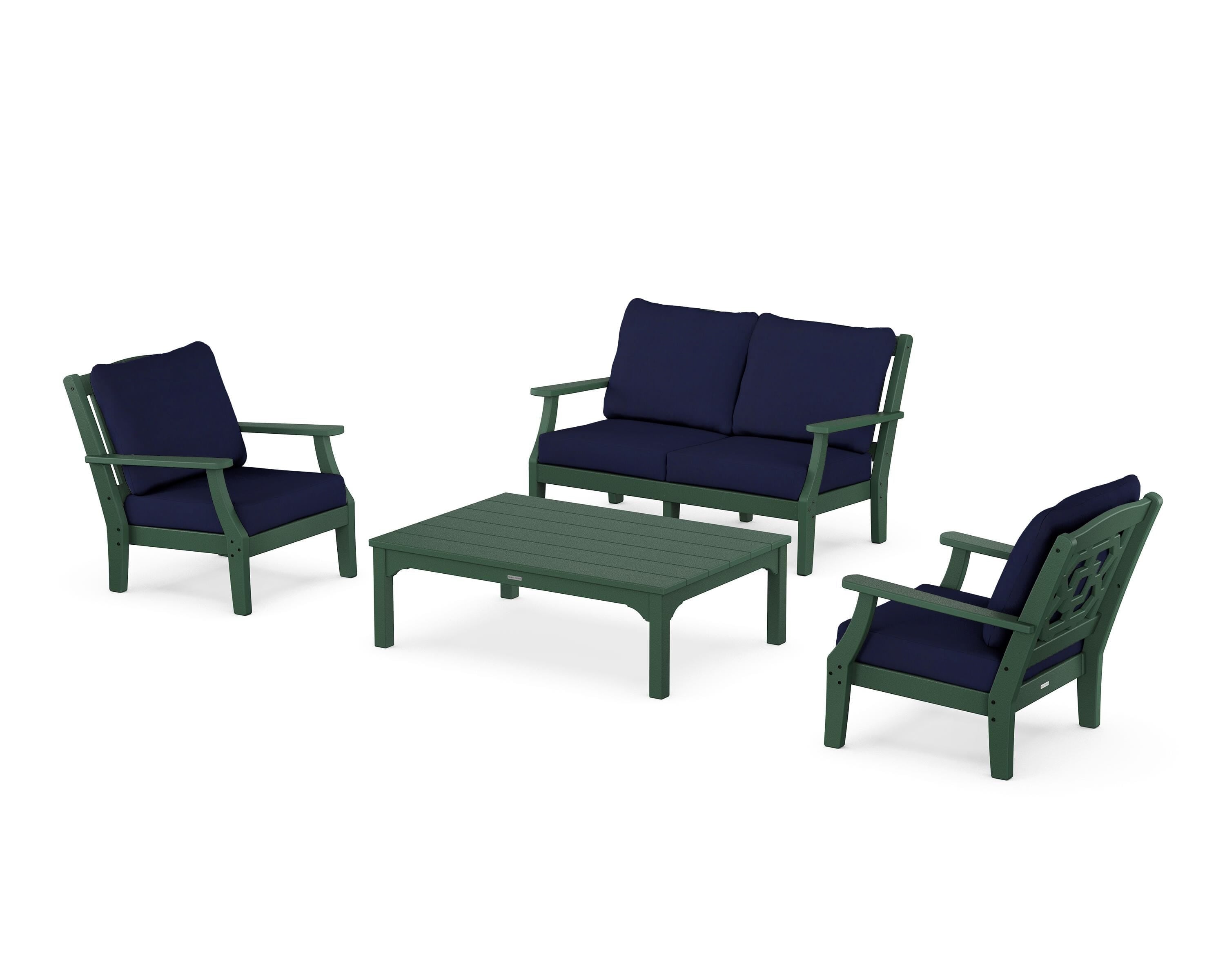 Martha Stewart by POLYWOOD Chinoiserie 4-Piece Deep Seating Set with Loveseat in Green / Navy