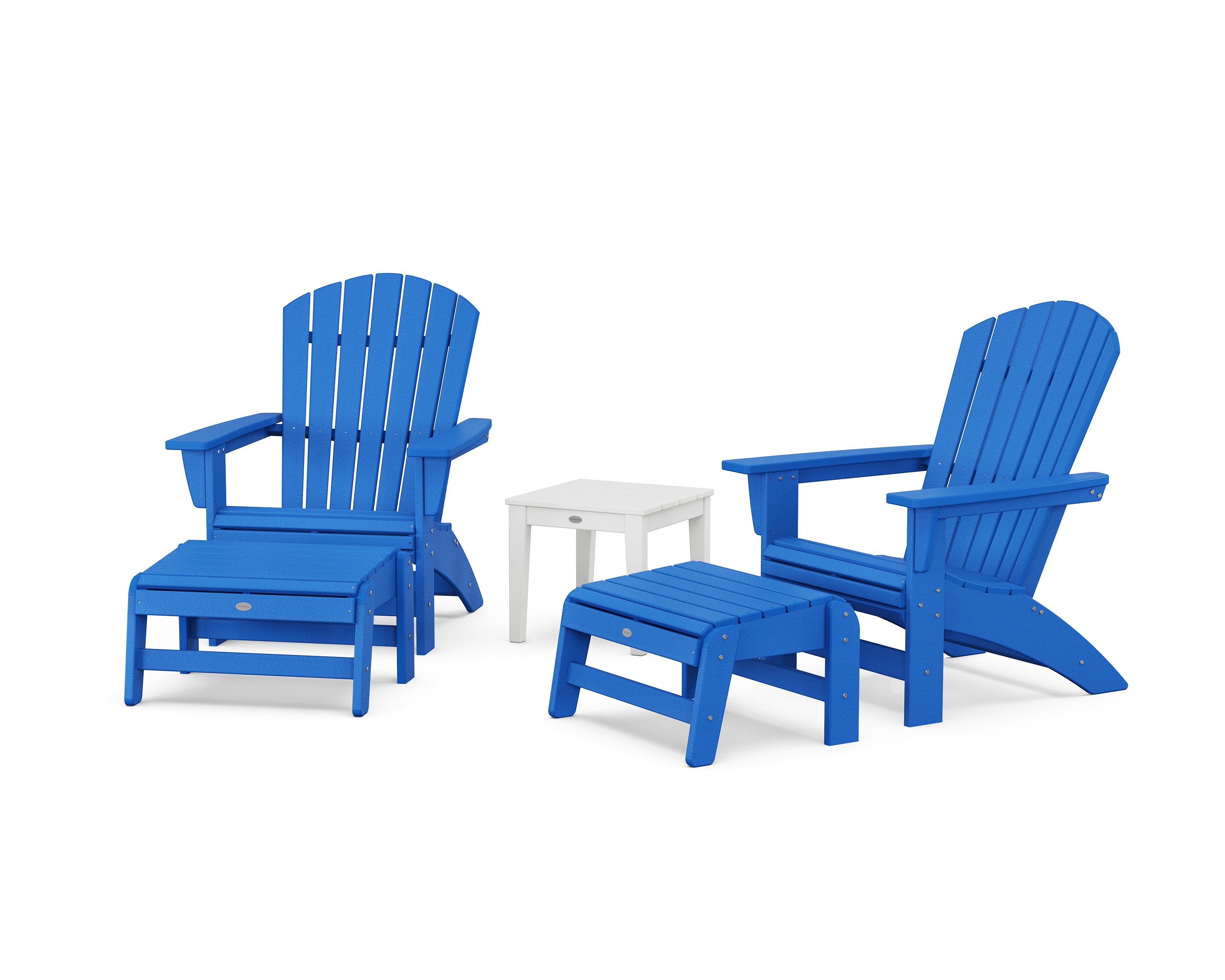 POLYWOOD 5-Piece Nautical Grand Adirondack Set with Ottomans and Side Table in Pacific Blue / White