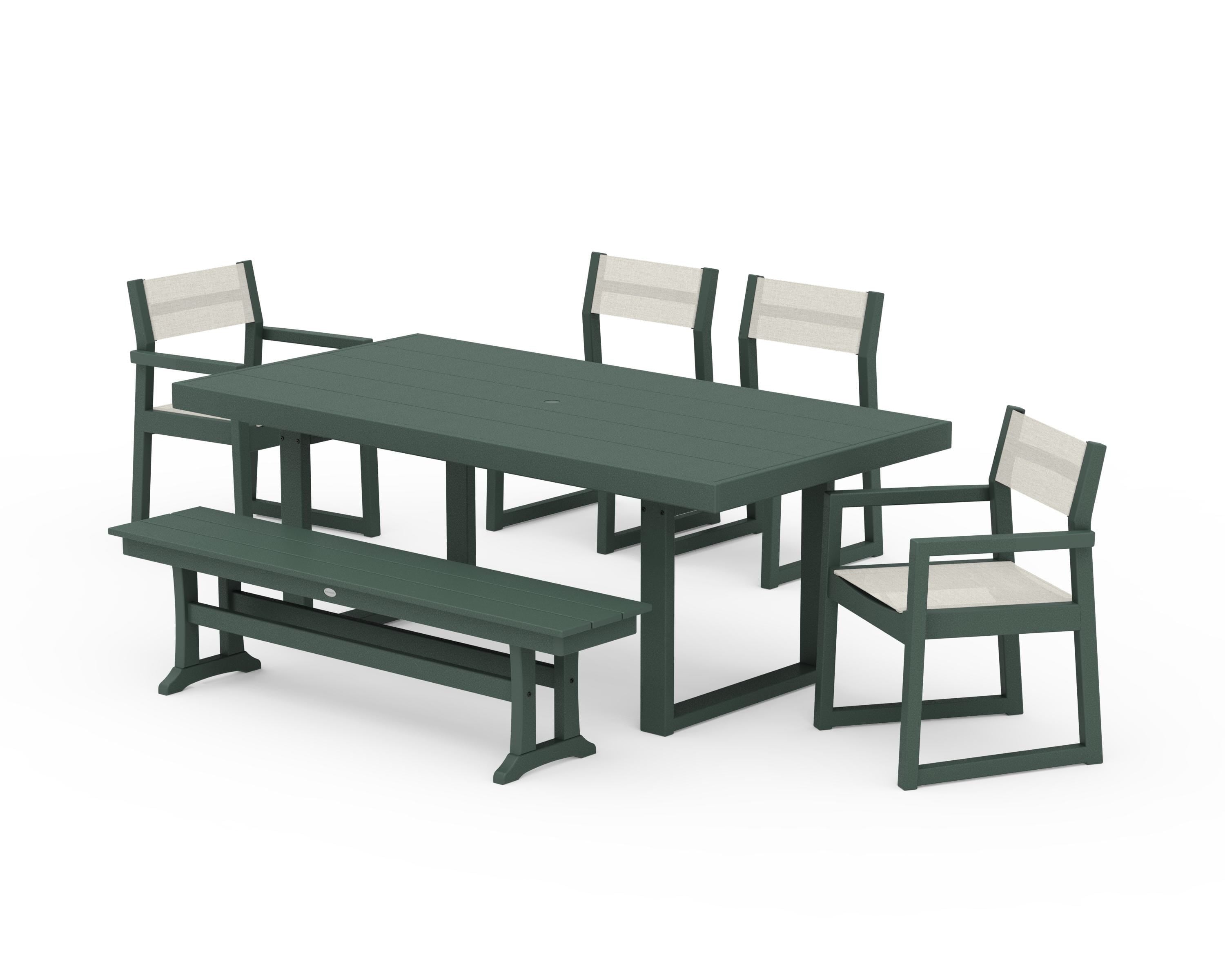 POLYWOOD EDGE Sling 6-Piece Dining Set with Bench in Green / Parchment Sling