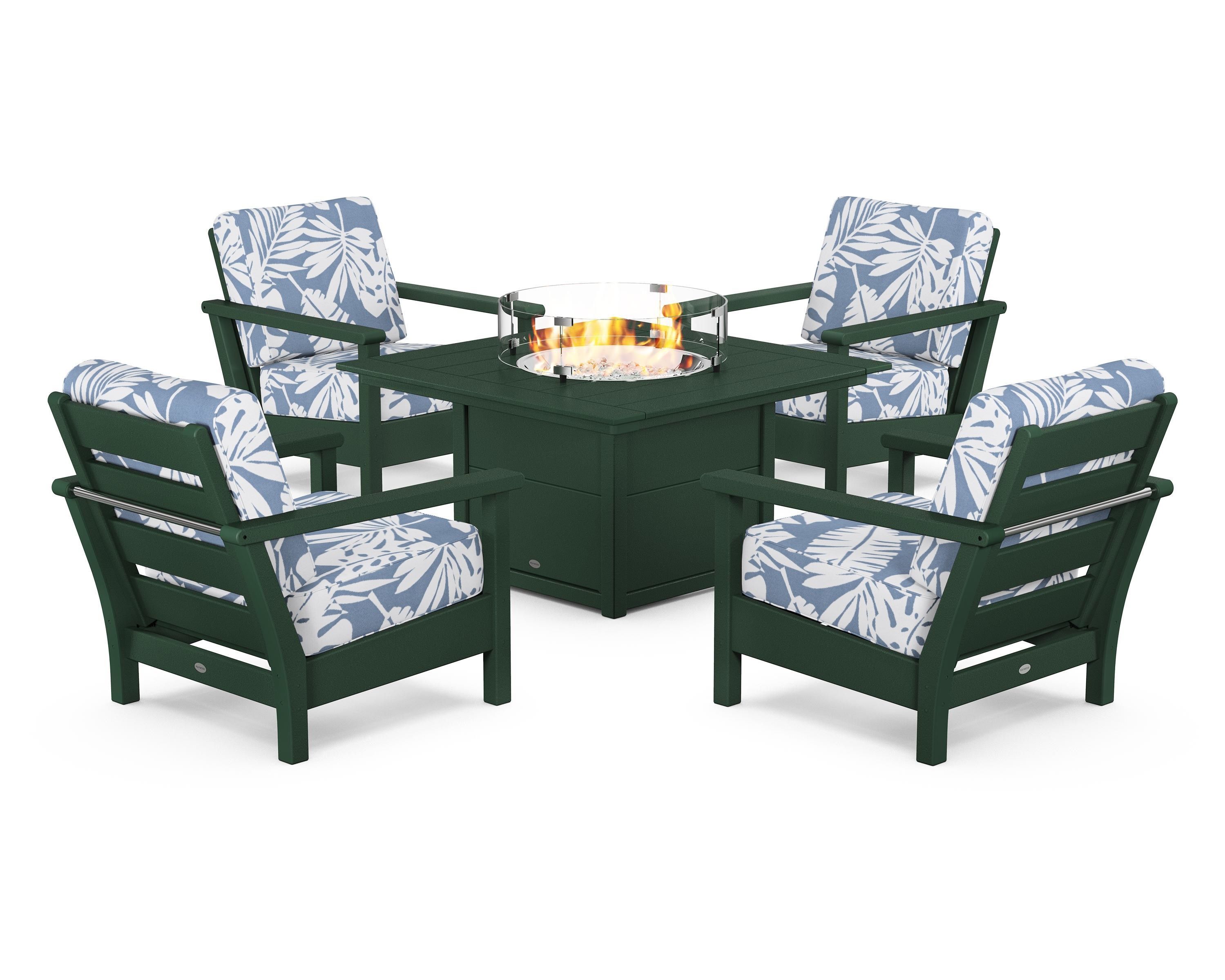 POLYWOOD Harbour 5-Piece Conversation Set with Fire Pit Table in Green / Leaf Sky Blue