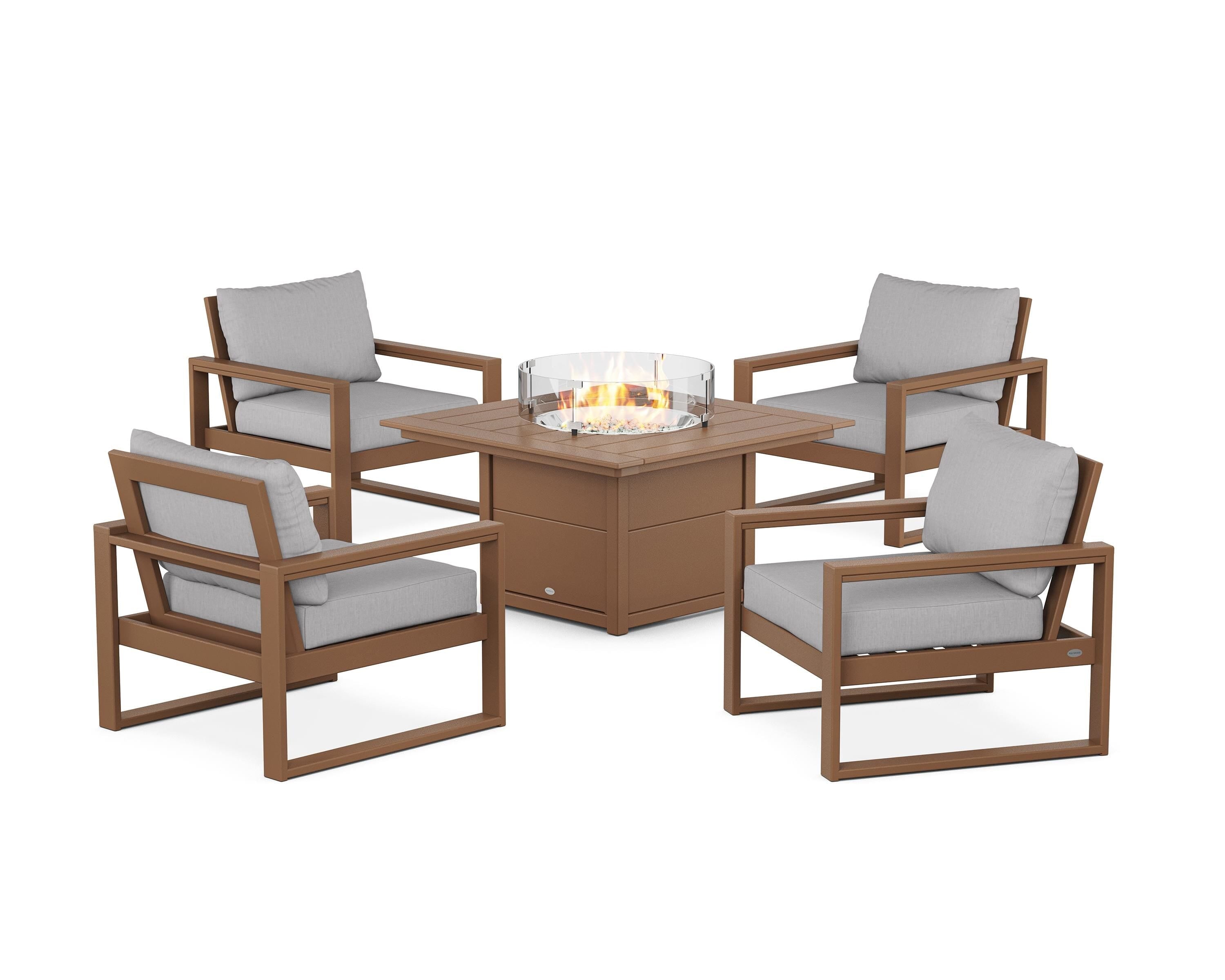 POLYWOOD EDGE Sectional 5-Piece Deep Seating Set with Fire Pit Table in Teak / Granite