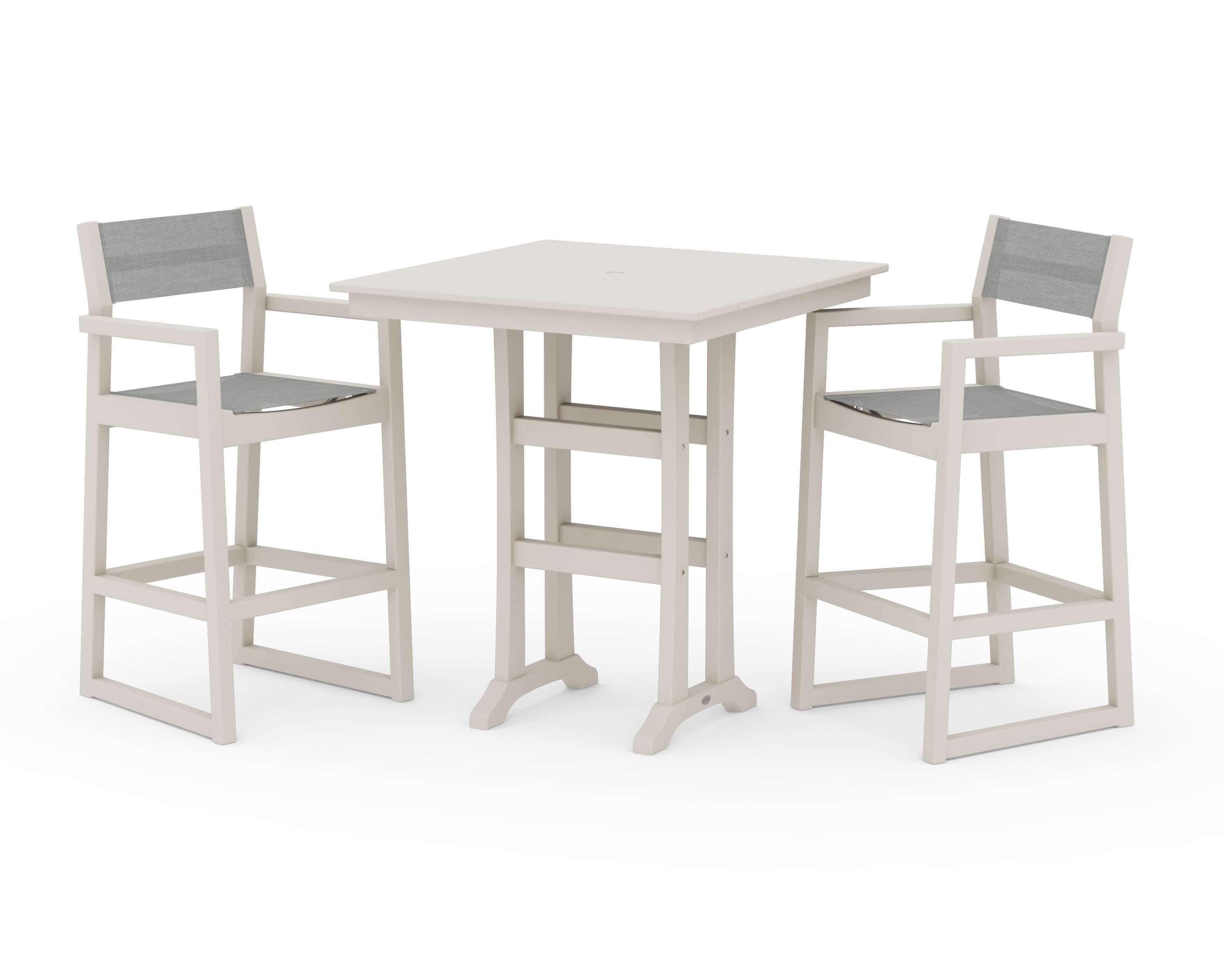 POLYWOOD EDGE Sling Arm Chair 3-Piece Farmhouse Bar Set with Trestle Legs in Sand / Metallic Sling