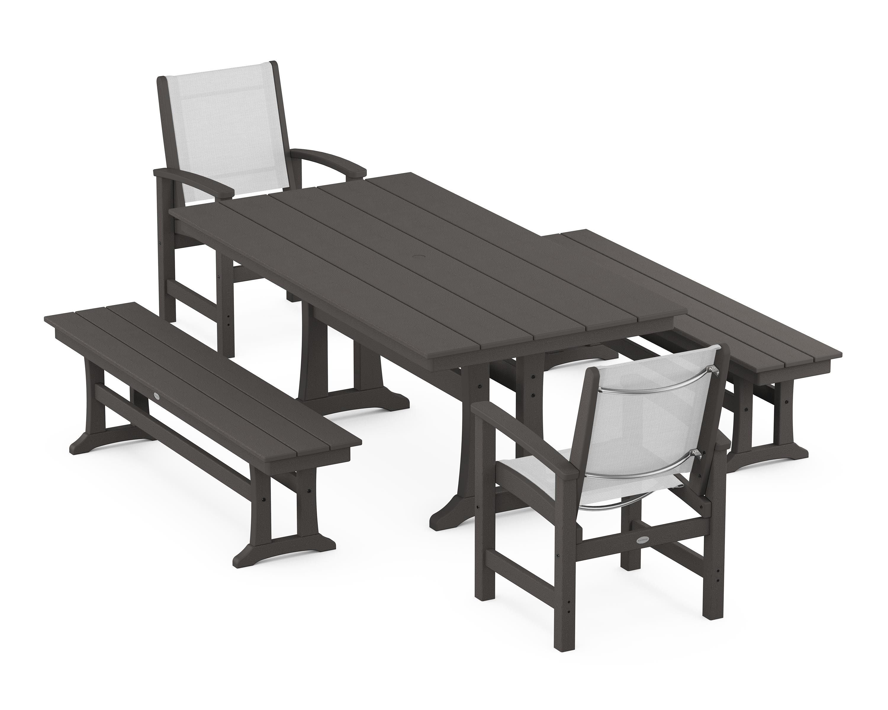 POLYWOOD Coastal 5-Piece Farmhouse Dining Set with Trestle Legs and Benches in Vintage Coffee / White Sling
