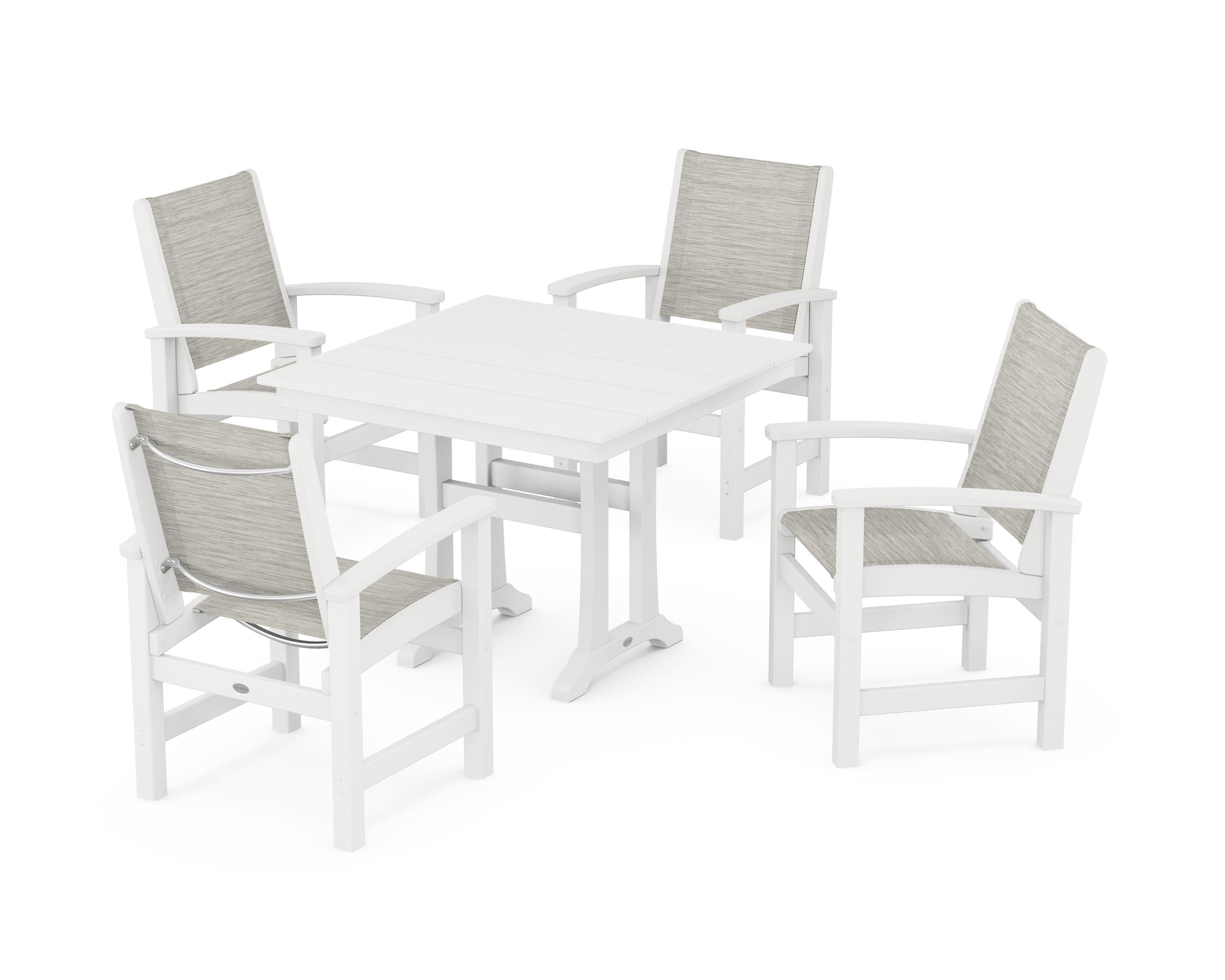 POLYWOOD Coastal 5-Piece Farmhouse Dining Set With Trestle Legs in White / Birch Sling